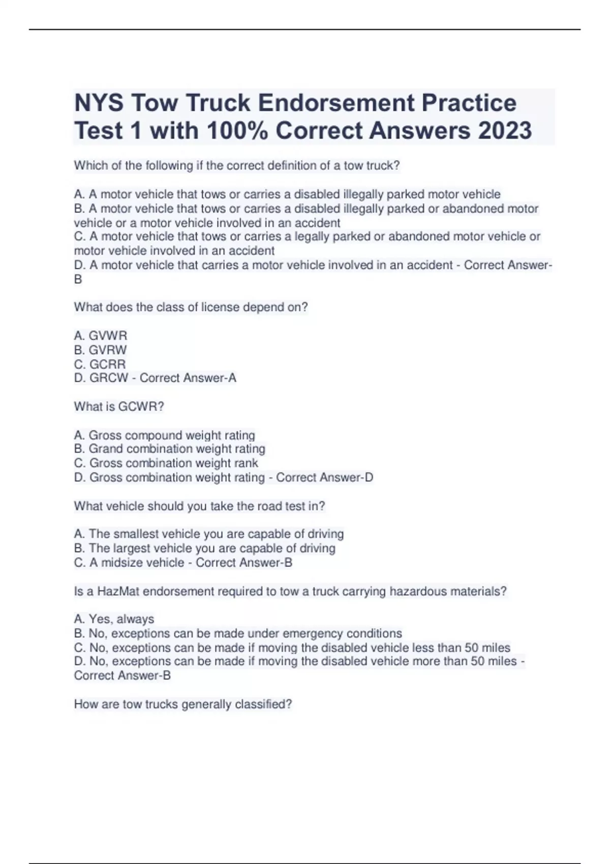 NYS Tow Truck Endorsement Practice Test 17 Spring 2023 with complete