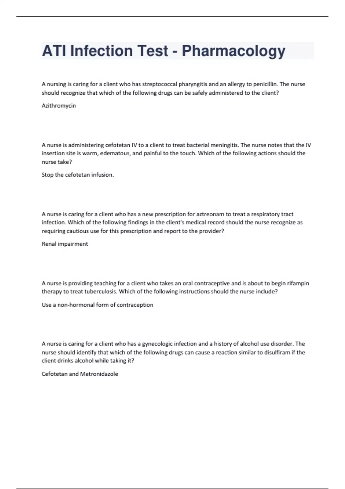 ATI Infection Test Pharmacology 2023 100 correct ATI Infection