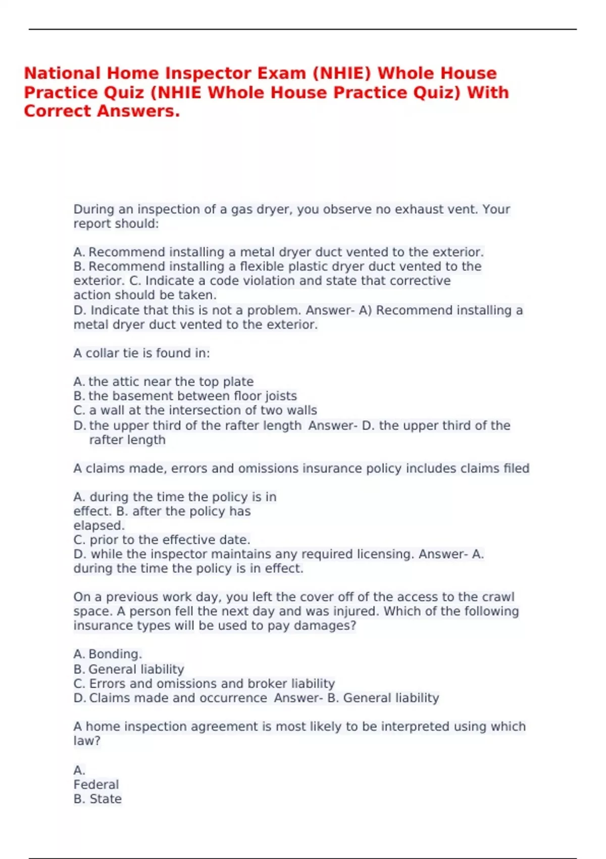 National Home Inspector Exam (NHIE) Whole House Practice Quiz (NHIE