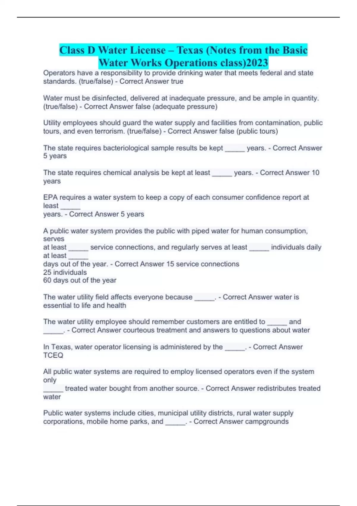 Class D Water License Texas (Notes from the Basic Water Works