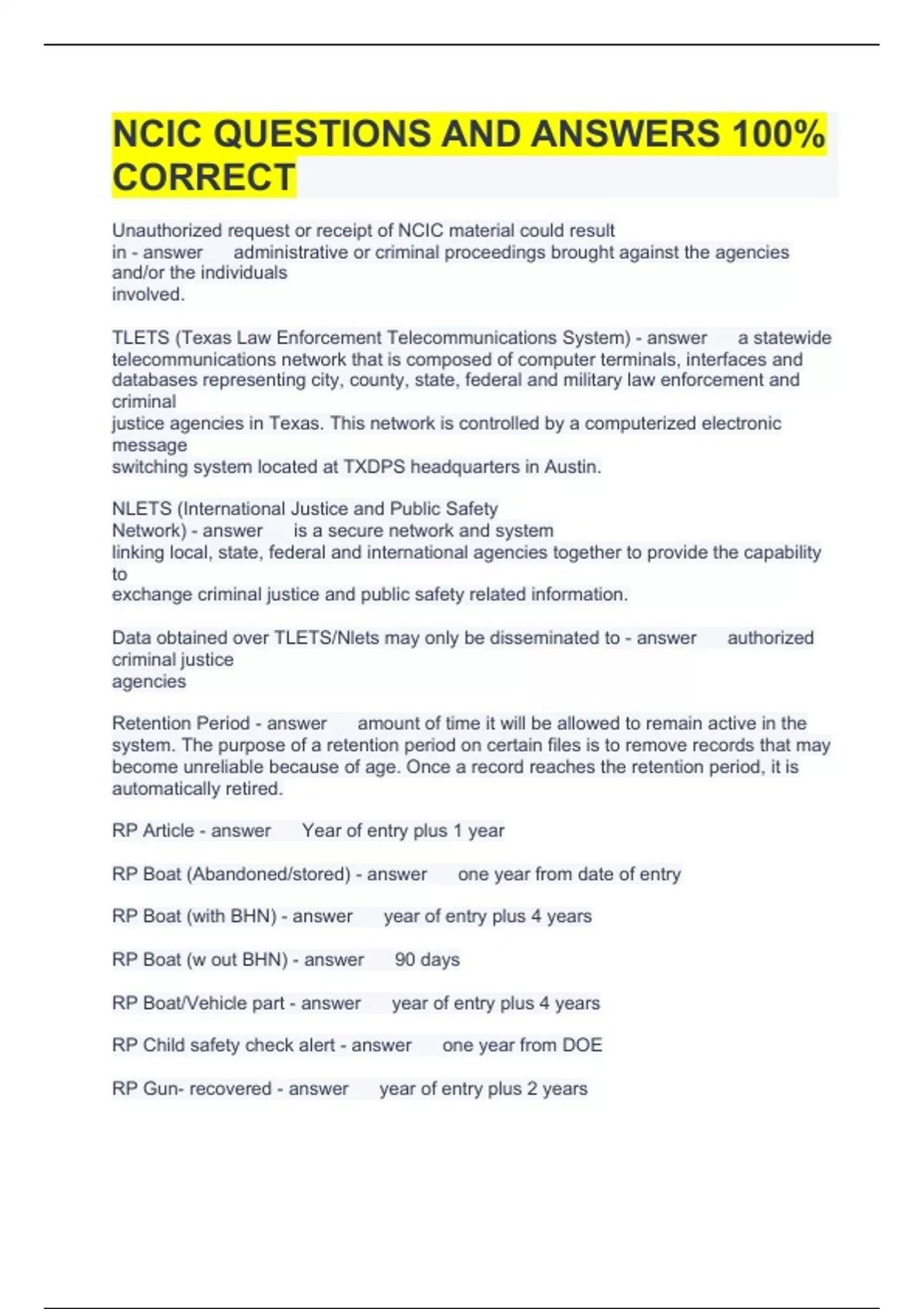 NCIC QUESTIONS AND ANSWERS 100% CORRECT - Ncic tcic - Stuvia US