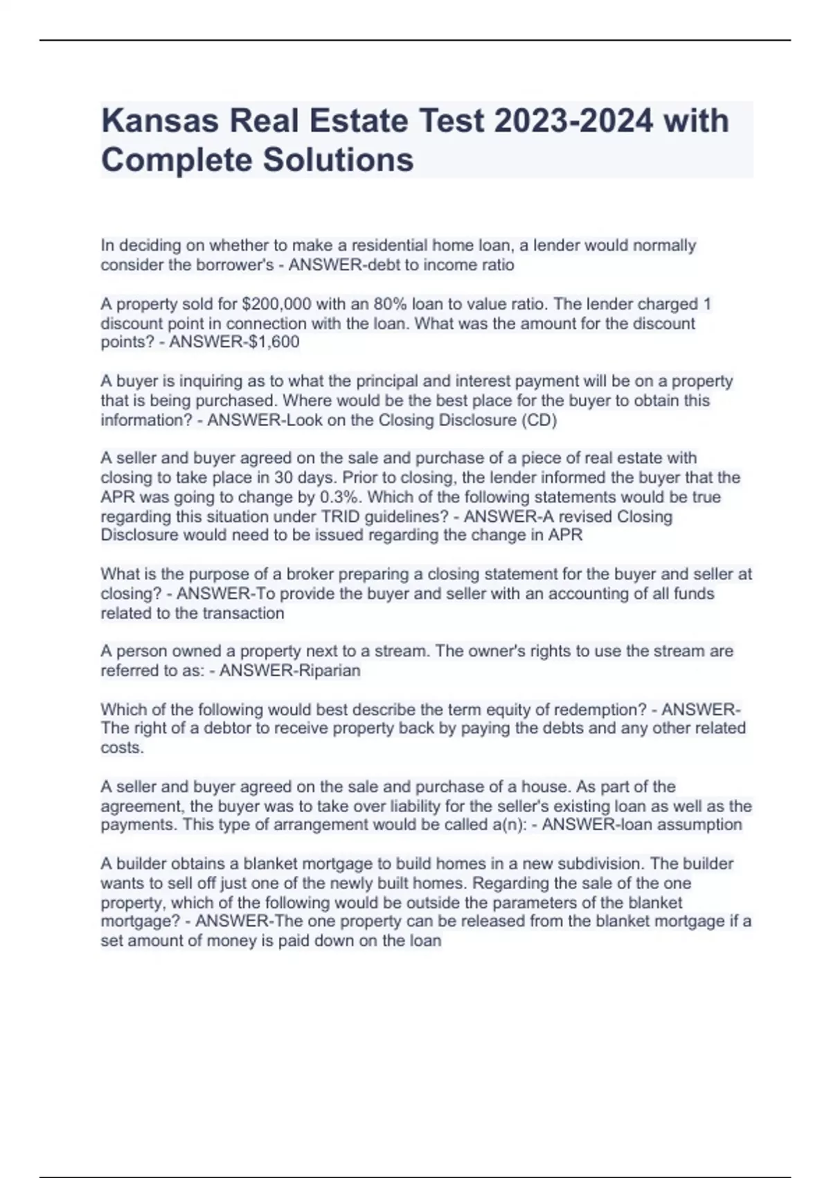 Kansas Real Estate Test with Complete Solutions Kansas Real Estate