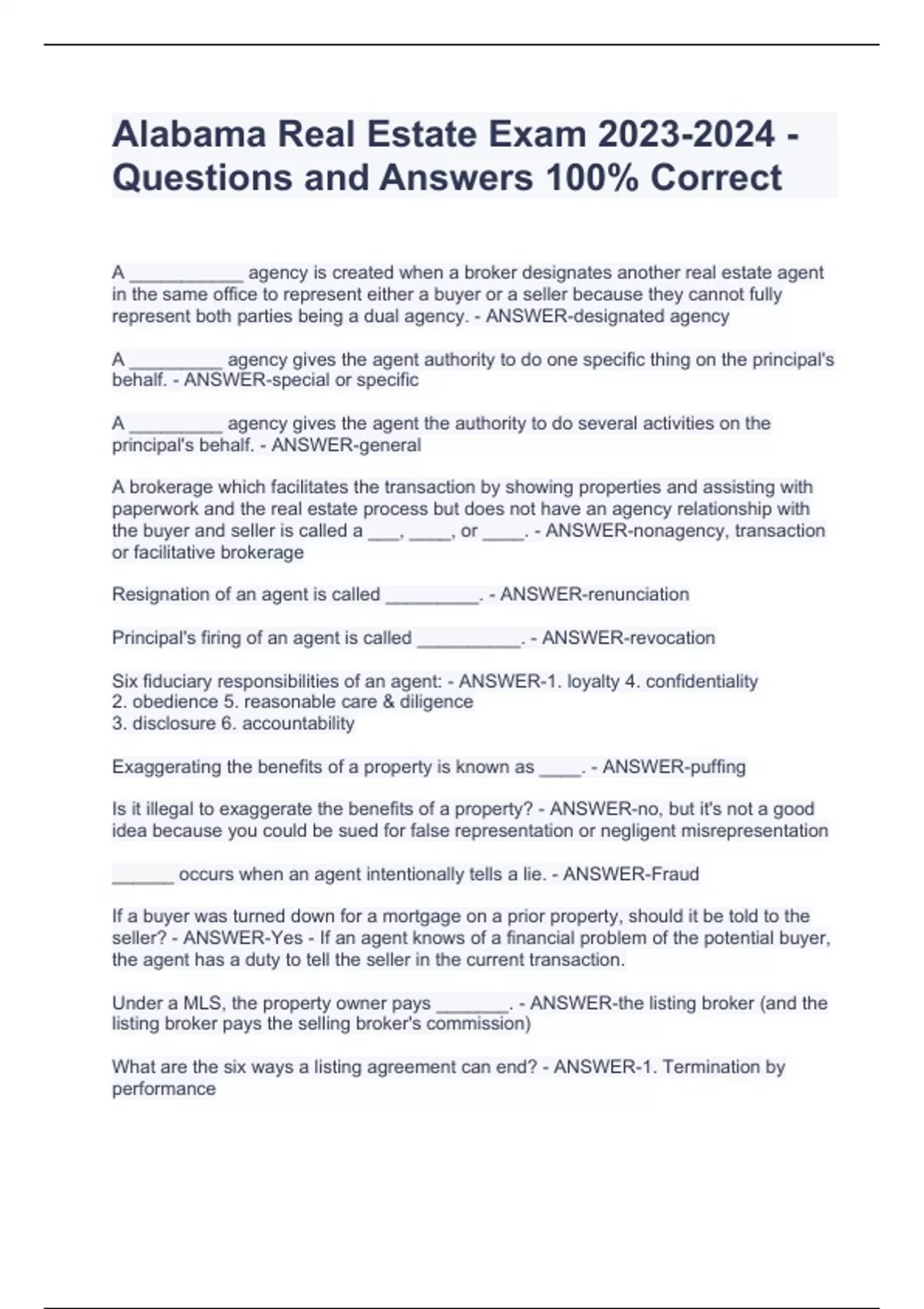 Alabama Real Estate Exam Questions and Answers 100 Correct Alabama