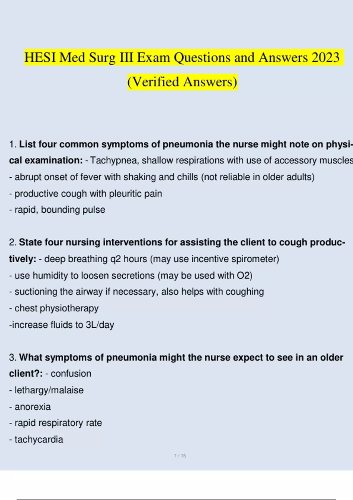 HESI Med Surg III Exam Questions and Answers 2023 (Verified Answers ...