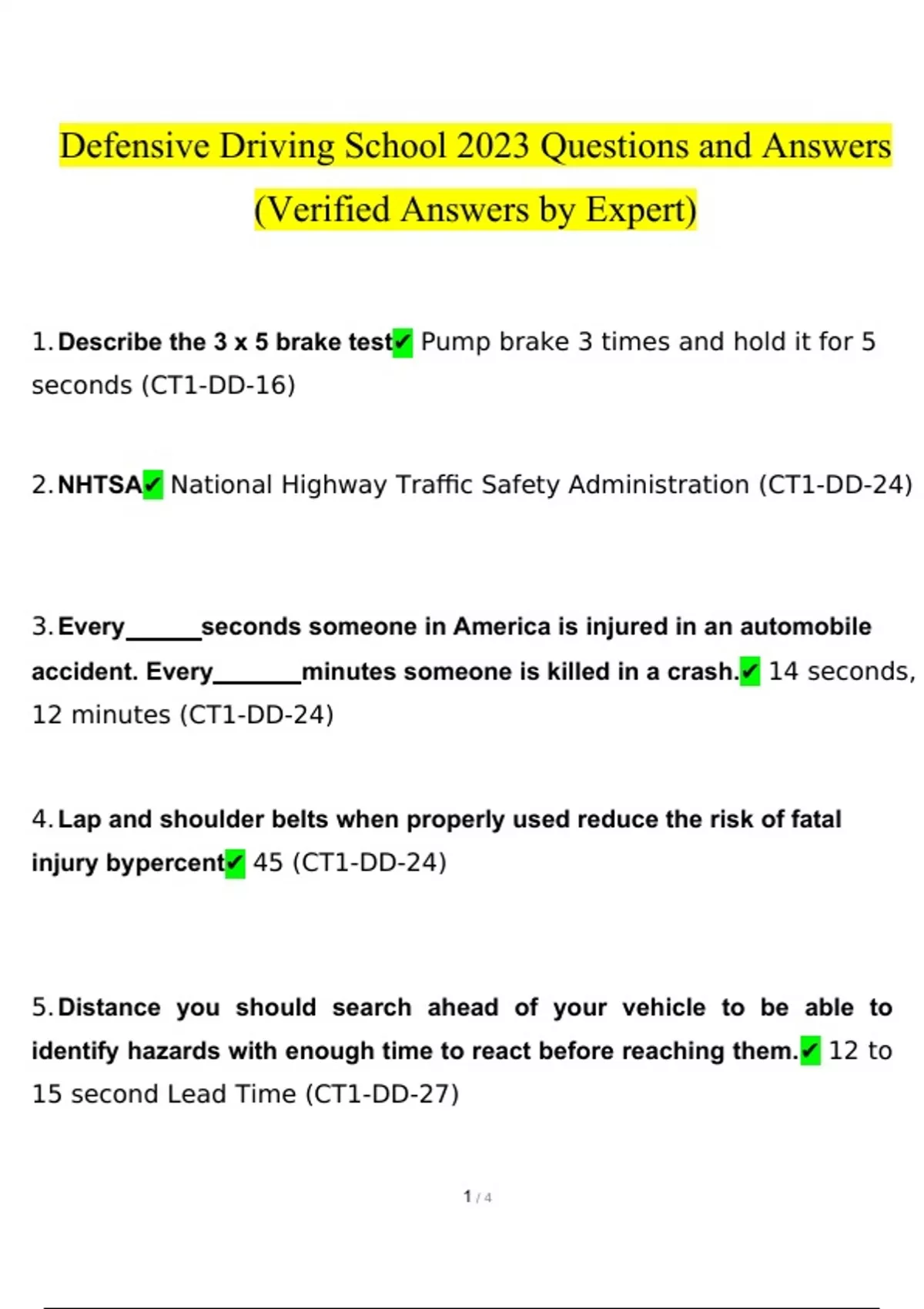 Defensive Driving School questions and answers latest [100 correct