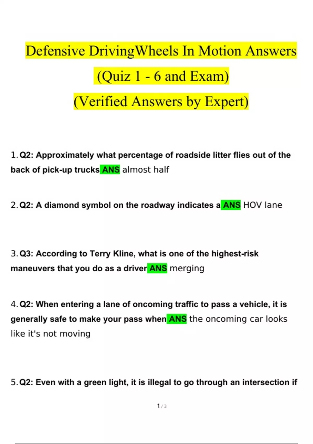 Defensive DrivingWheels In Motion (Quiz 1 6 and Exam) questions and