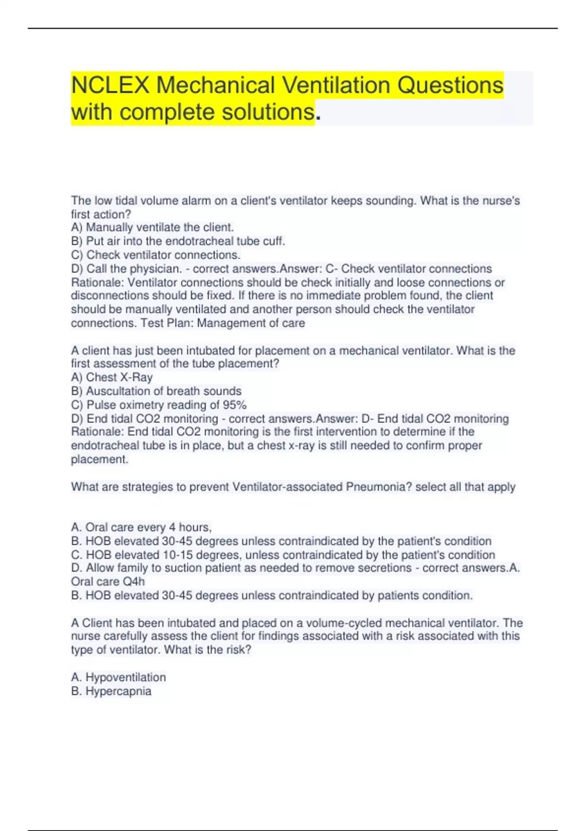 NCLEX Mechanical Ventilation Questions with complete solutions. NCLEX