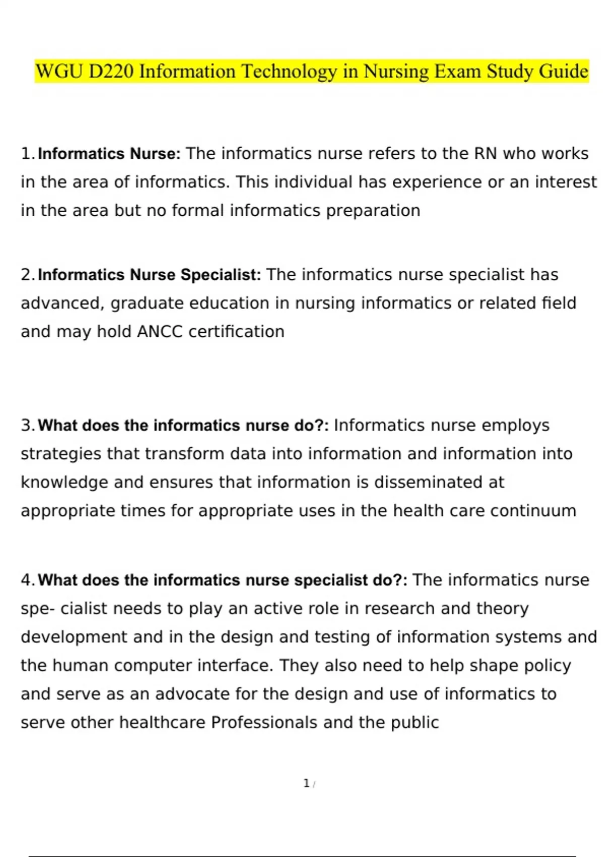 WGU D220 Information Technology in Nursing Exam Study Guide questions ...