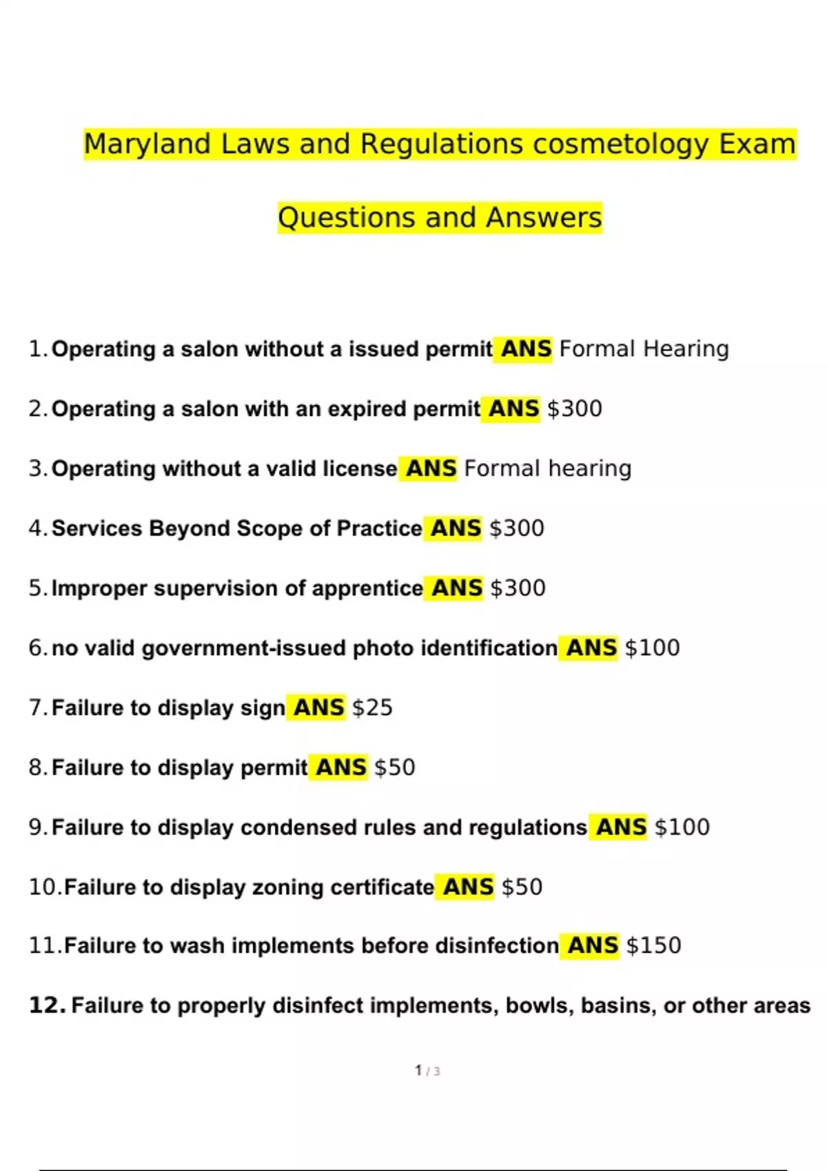 Maryland Laws and Regulations cosmetology Exam questions and answers