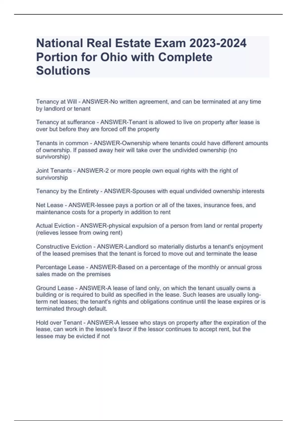 National Real Estate Exam Portion for Ohio with Complete Solutions
