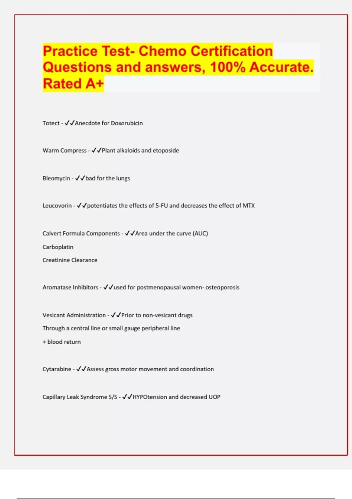 Practice Test Chemo Certification Questions and answers, 100 Accurate