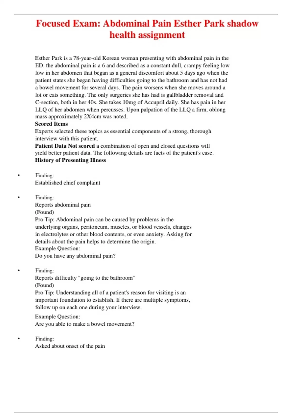 Focused Exam Abdominal Pain Esther Park shadow health assignment