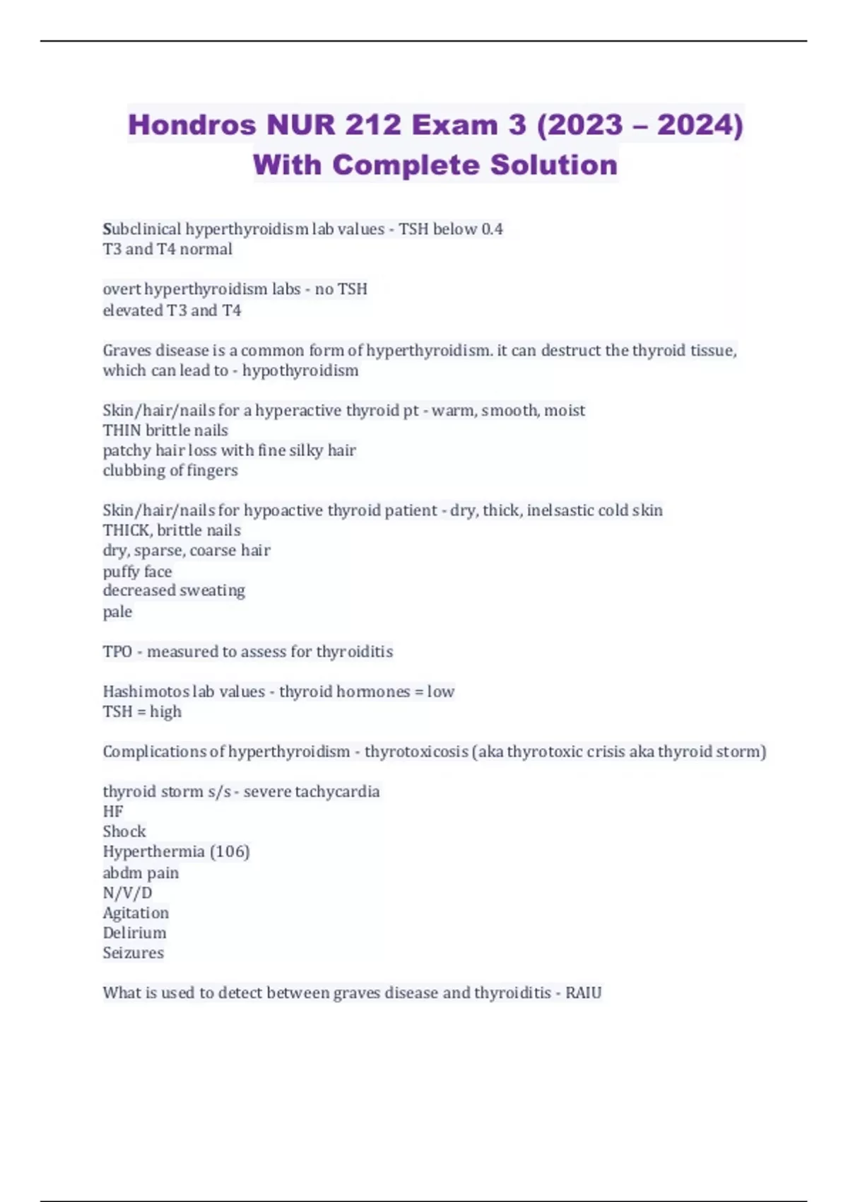 Hondros NUR 212 Exam 3 (2023 – 2024) With Complete Solution - Hondros ...