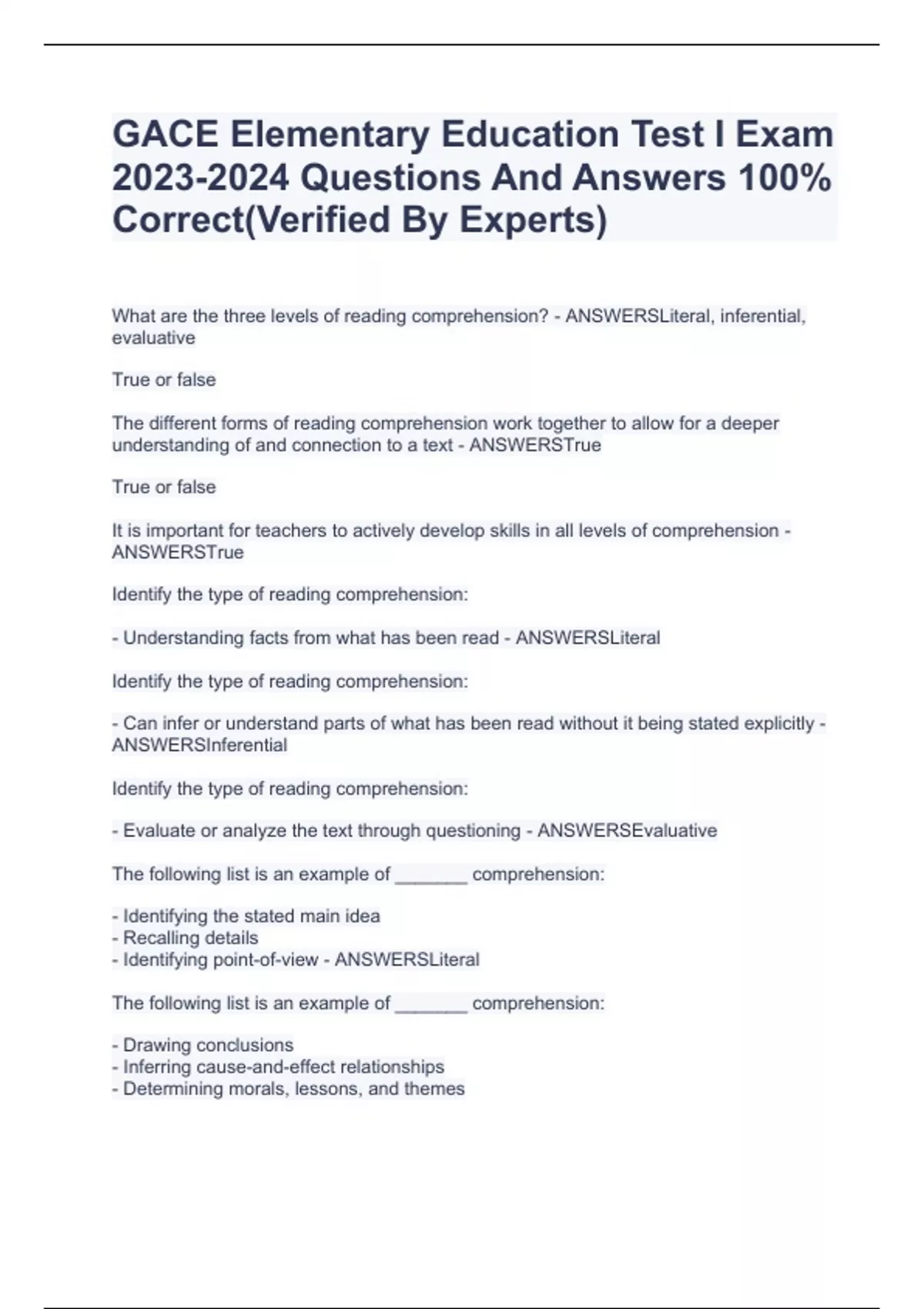 GACE Elementary Education Test I Exam Questions And Answers 100 Correct(Verified By Experts