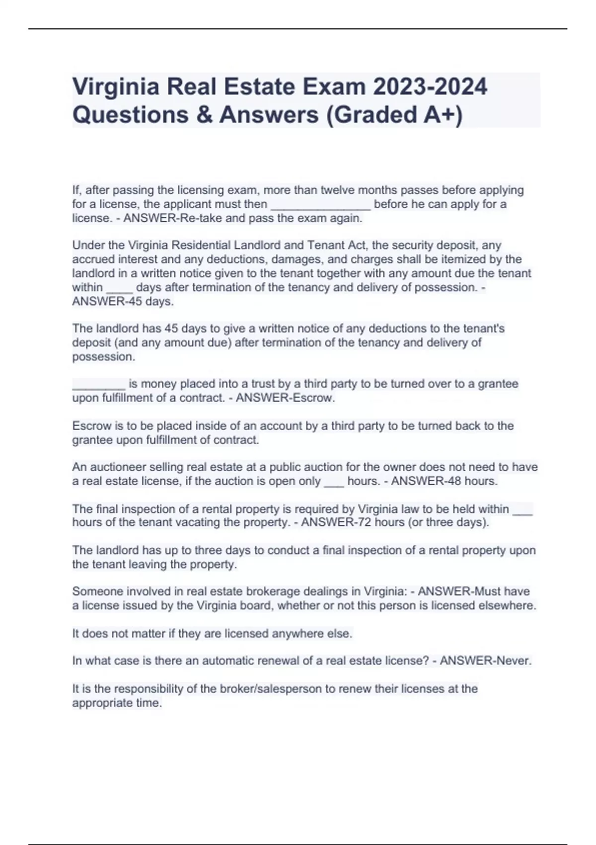 Virginia Real Estate Exam 20232024 Questions & Answers (Graded A+