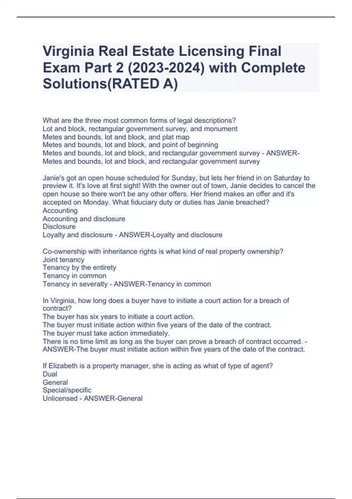 Virginia Real Estate Licensing Final Exam Part 2 (20232024) with