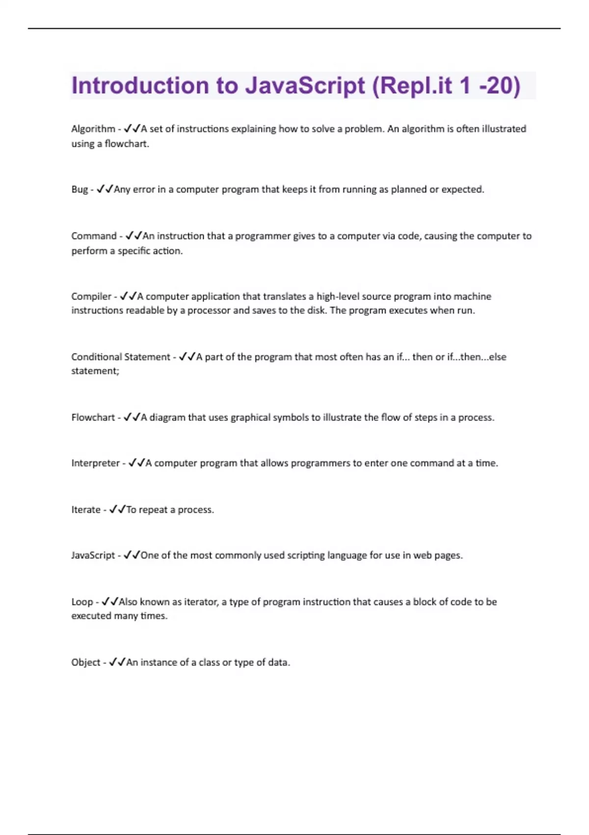 Introduction to JavaScript (Repl.it 1 -20) | 66 Questions with 100 % ...