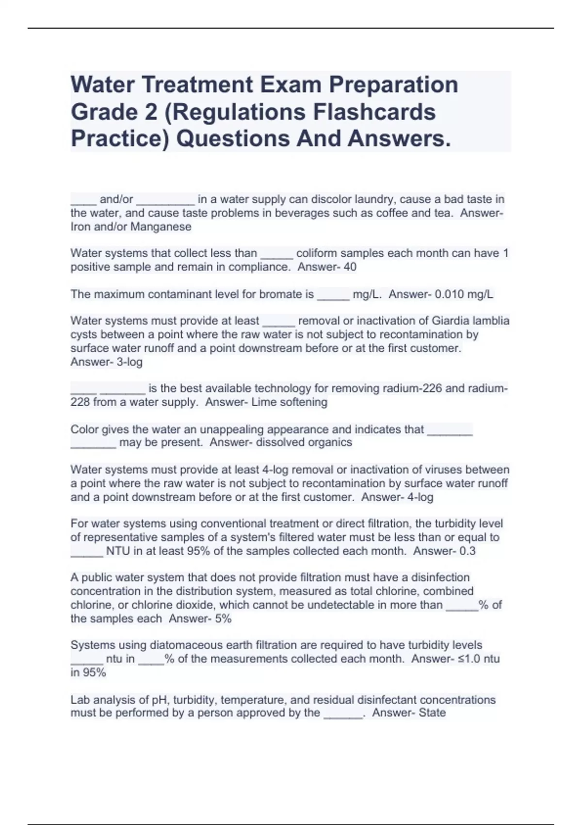 Water Treatment Exam Preparation Grade 2 (Regulations Flashcards