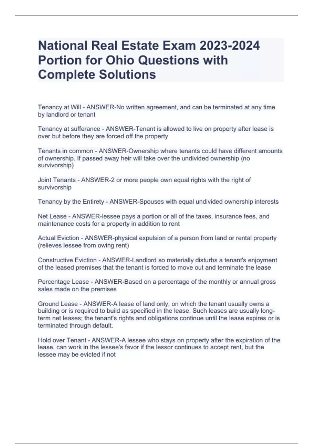National Real Estate Exam Portion for Ohio Questions with Complete