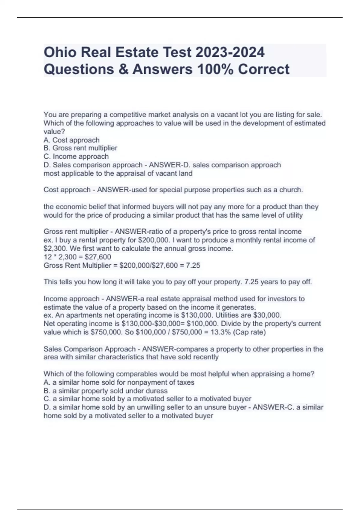 Ohio Real Estate Test 20232024 Questions & Answers 100 Correct Ohio