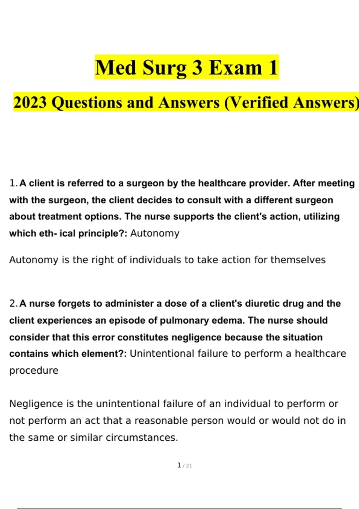 Med Surg 3 Exam 1 questions and answers latest [100 correct answers