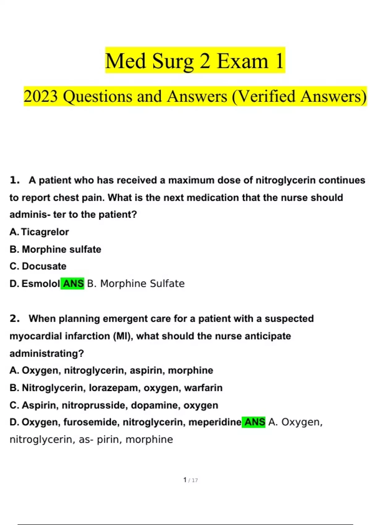 Med Surg 2 Exam 1 questions and answers latest [100% correct answers ...