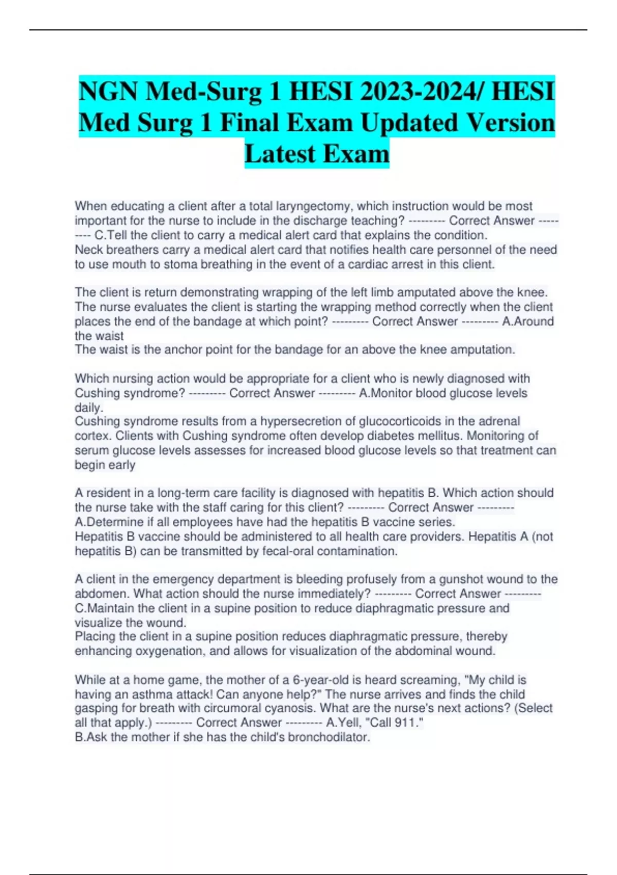 NGN Med-Surg 1 HESI / HESI Med Surg 1 Final Exam Updated Version Latest ...