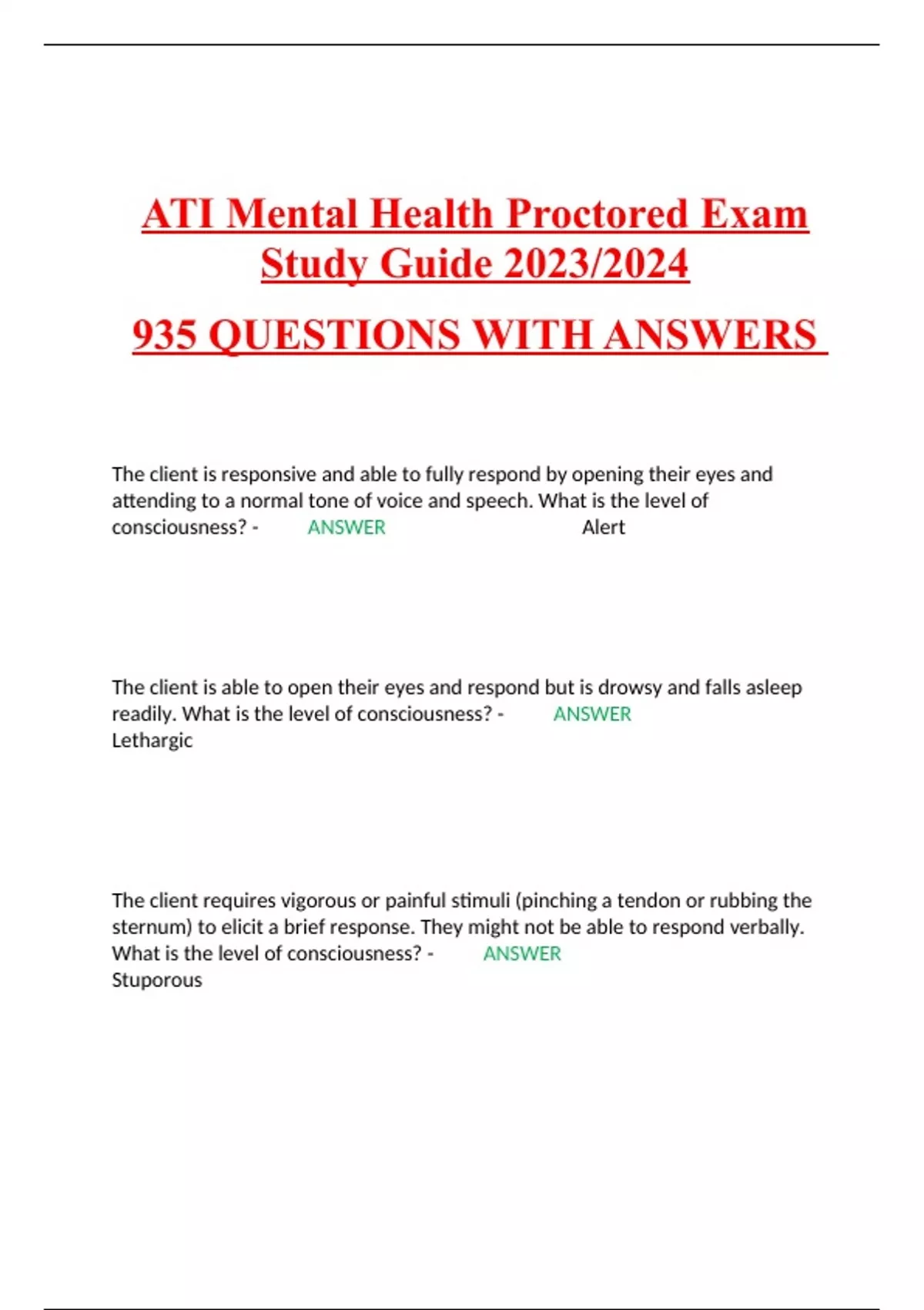 ATI Mental Health Proctored Exam Study Guide - ATI Mental Health ...