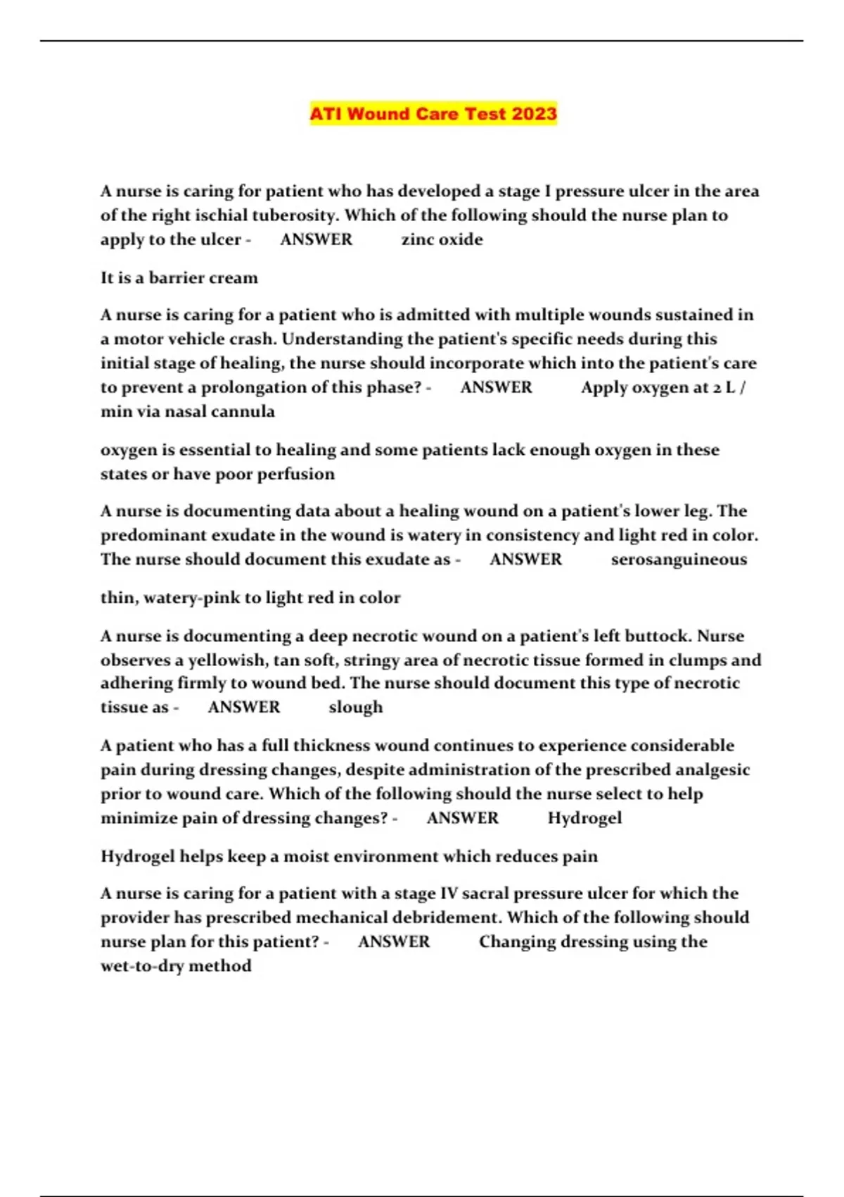 ATI Wound Care Test 2023 ATI Wound Care Stuvia US
