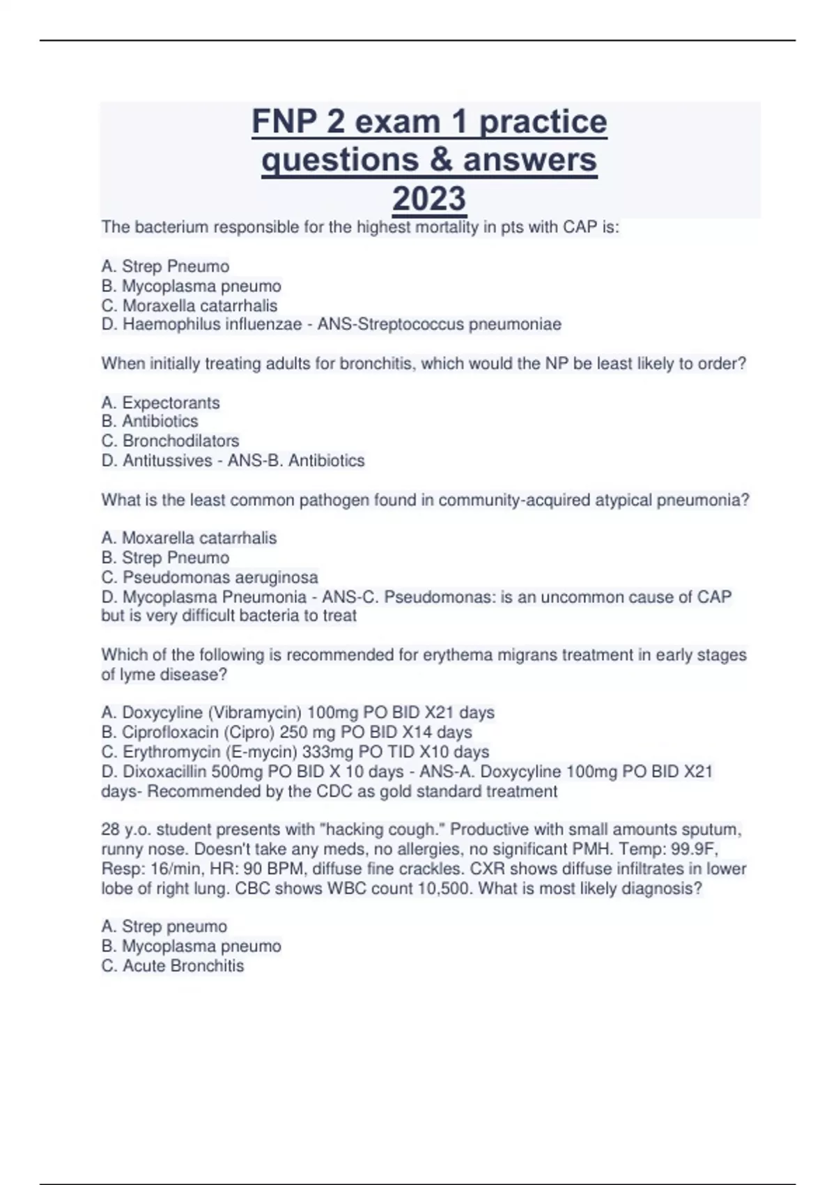 FNP 2 exam 1 practice questions & answers 2023 - FNP 2 exm 1 - Stuvia US