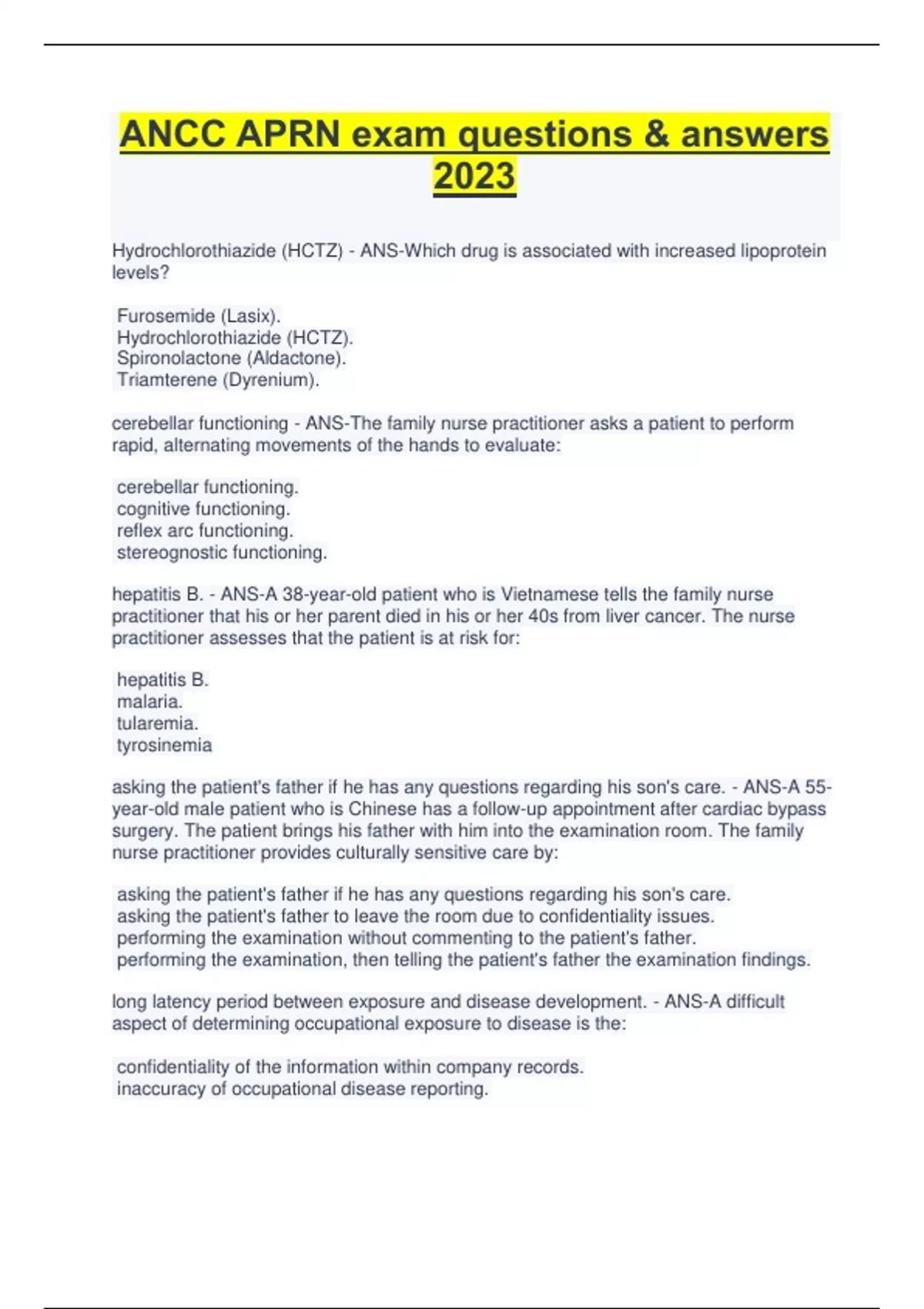 ANCC Adult Gerontology Acute Care Review Test Exam 2023, ANCC Questions