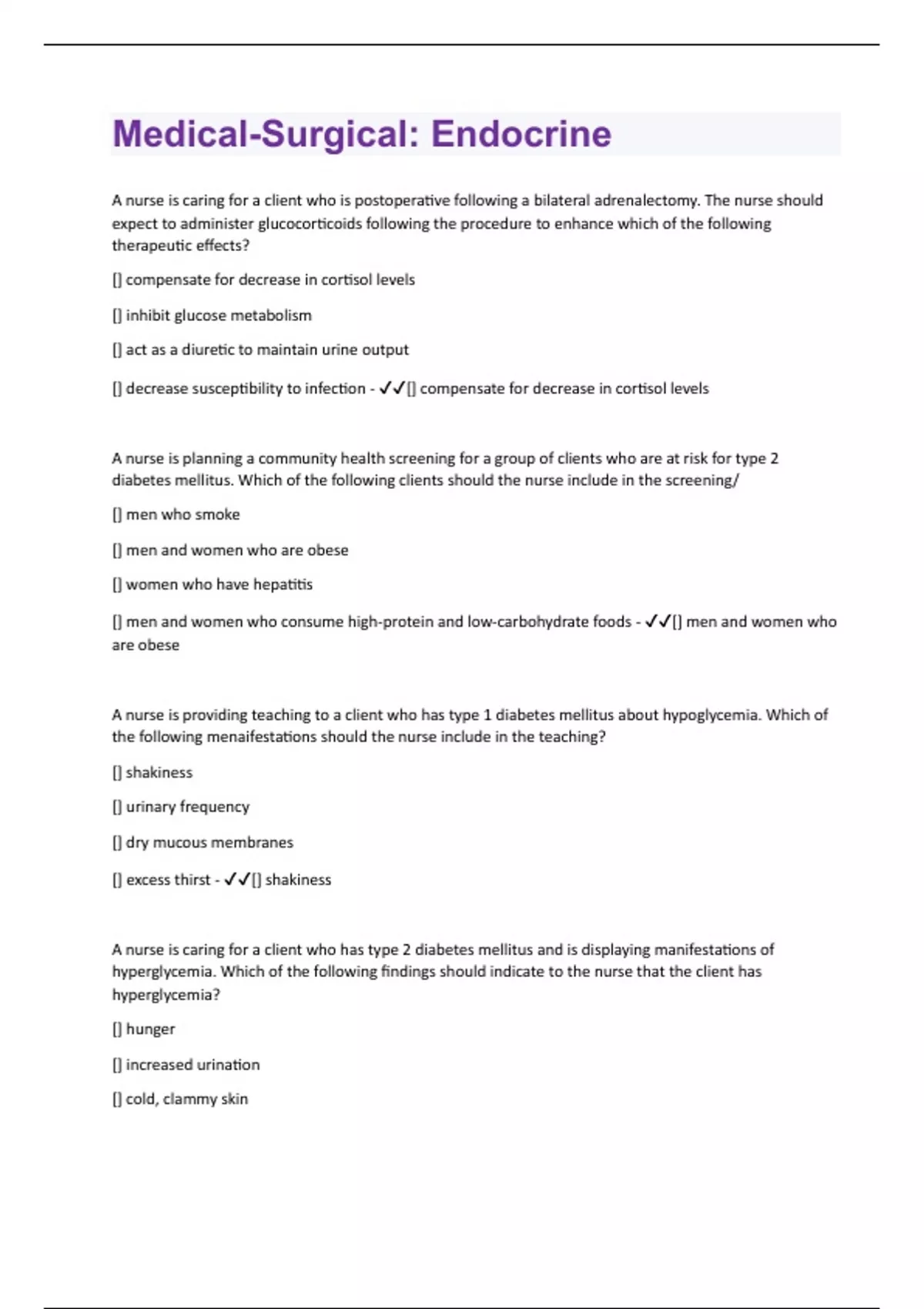 MedicalSurgical Endocrine Questions and Answers(A+ Solution guide