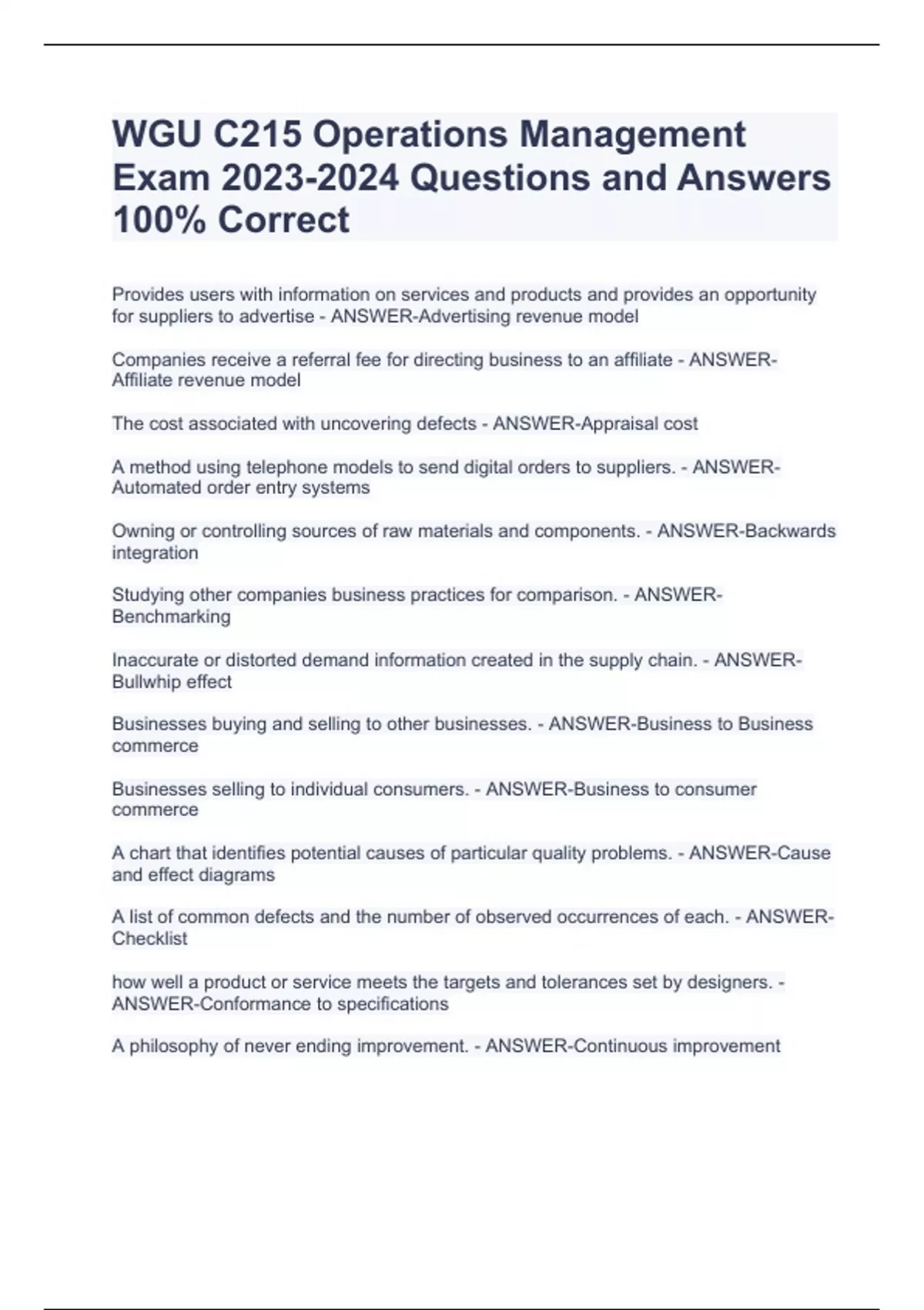 WGU C215 Operations Management Exam Questions and Answers 100% Correct ...
