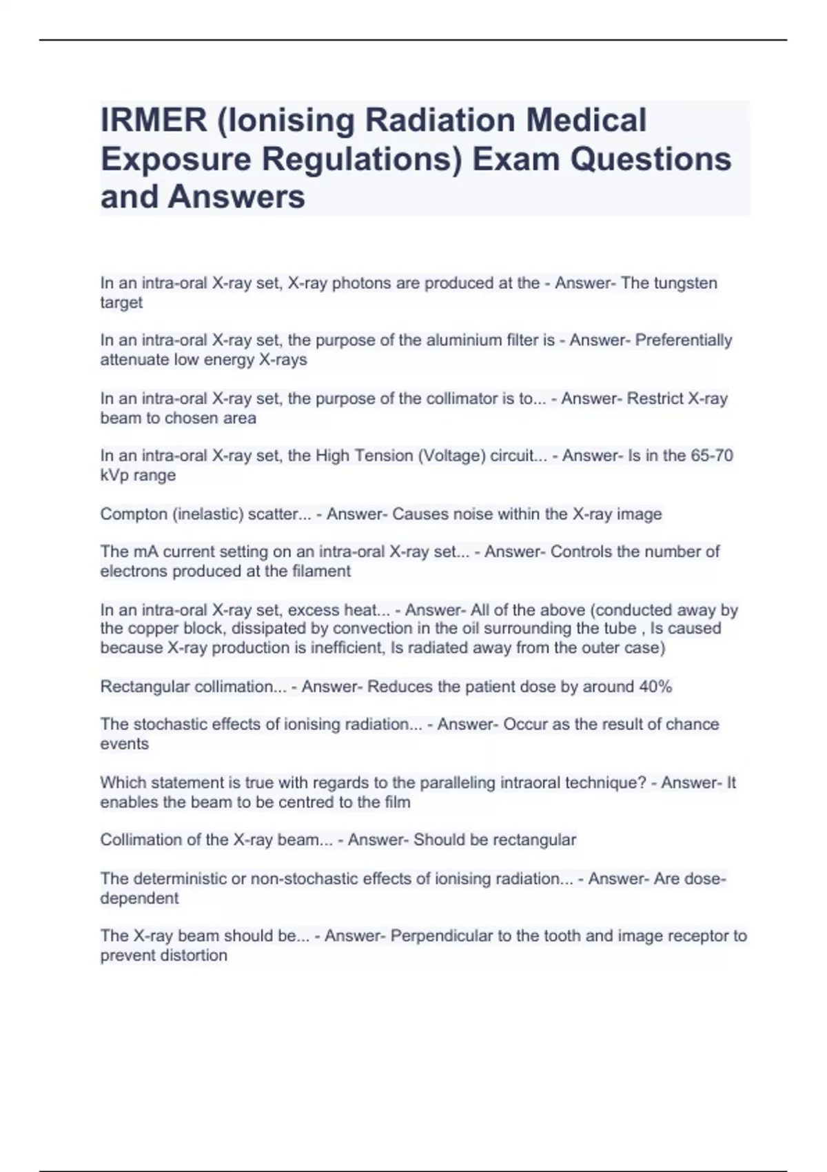 IRMER (Ionising Radiation Medical Exposure Regulations) Exam Questions ...