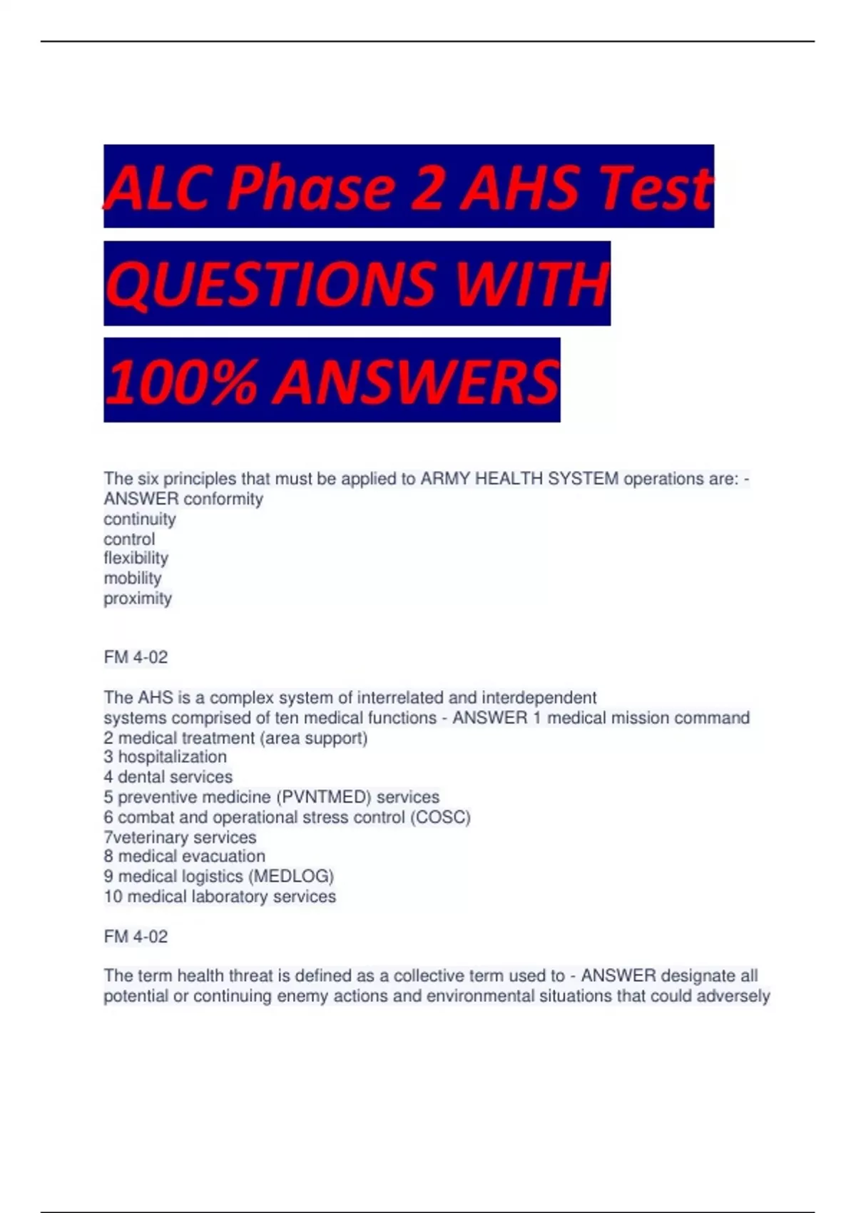 ALC Phase 2 AHS Test QUESTIONS WITH 100% ANSWERS - ARMY HEALTH - Stuvia US