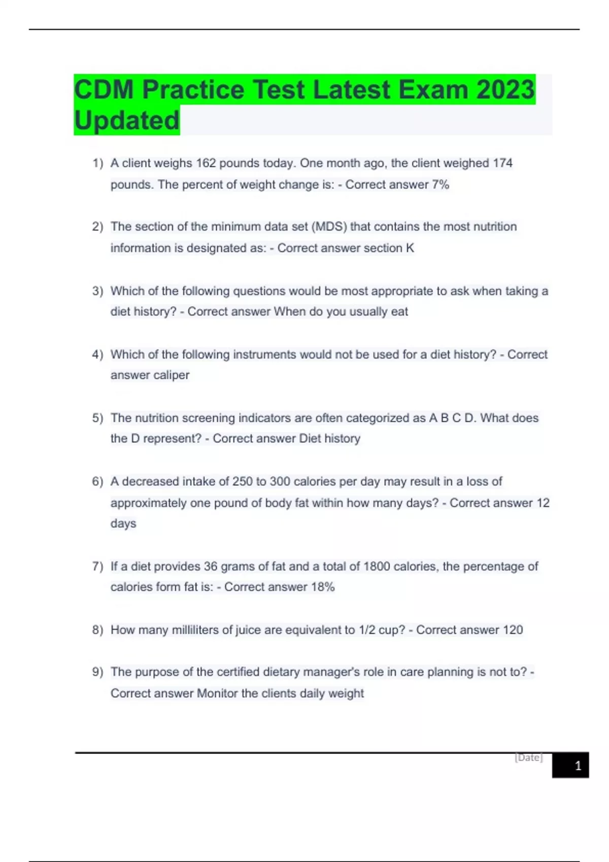 CDM Practice Test Latest Exam 2023 Updated - Nutrition - Stuvia US
