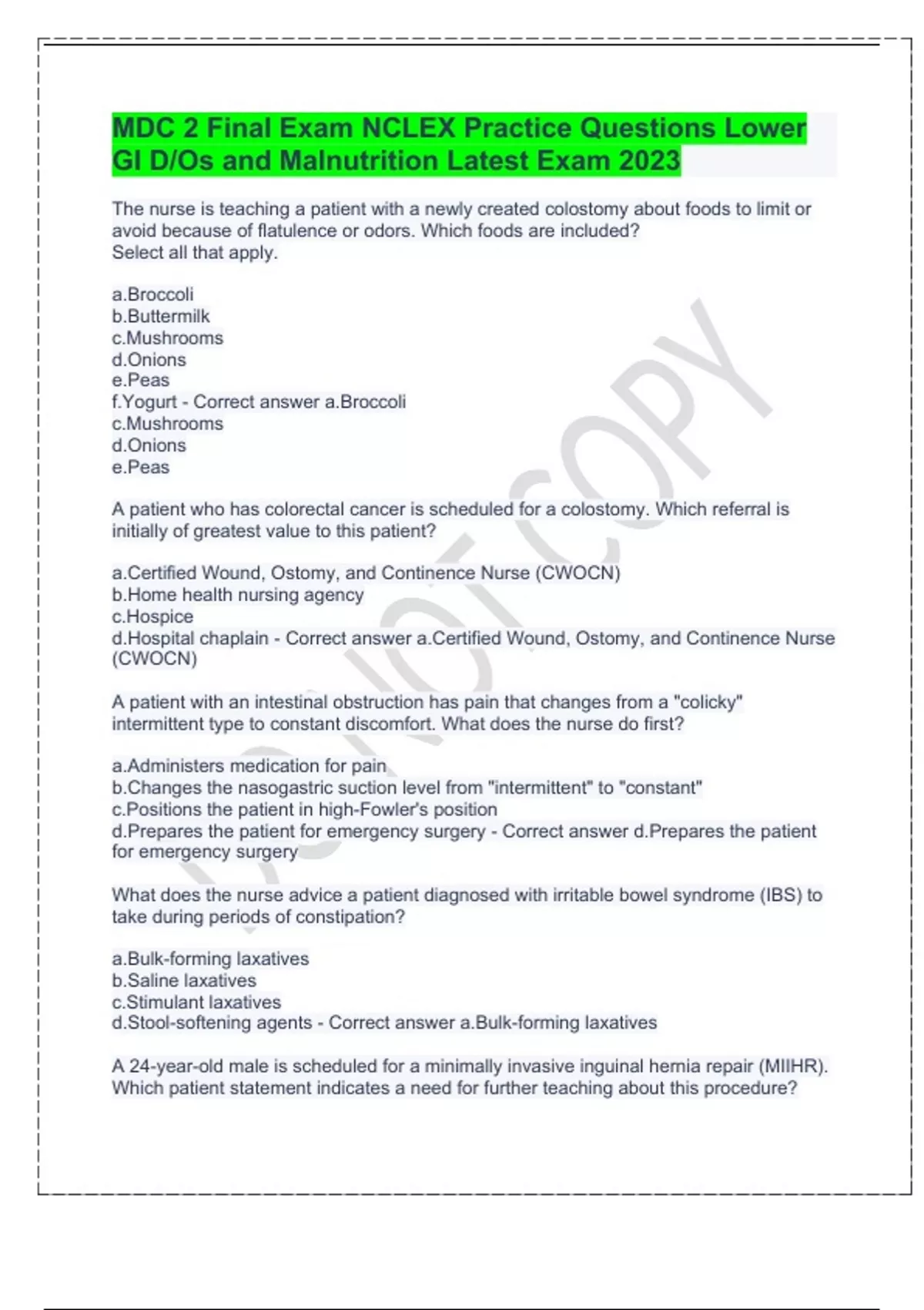MDC 2 Final Exam NCLEX Practice Questions Lower GI D/Os and ...