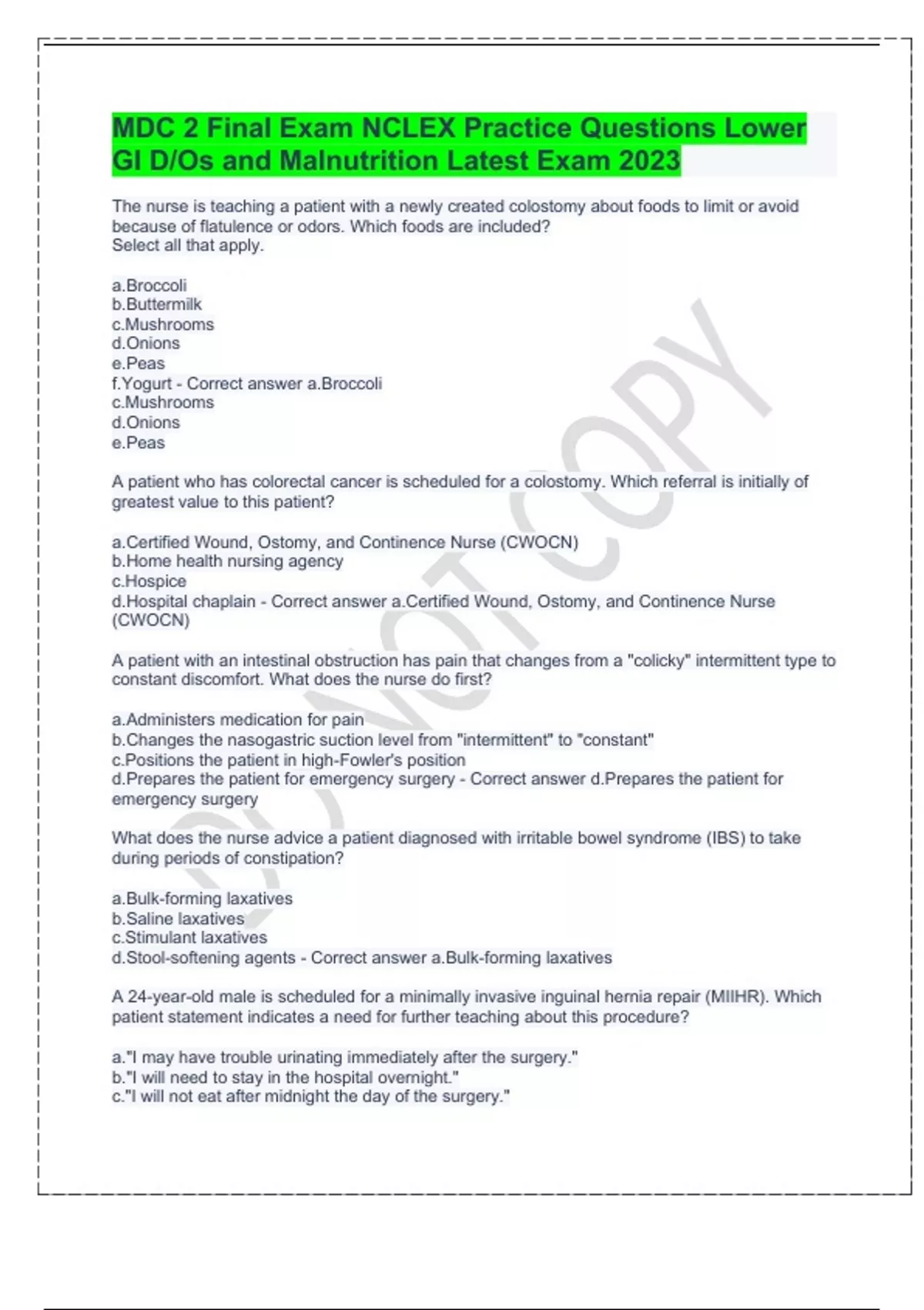 MDC 2 Final Exam NCLEX Practice Questions Lower GI D/Os and ...