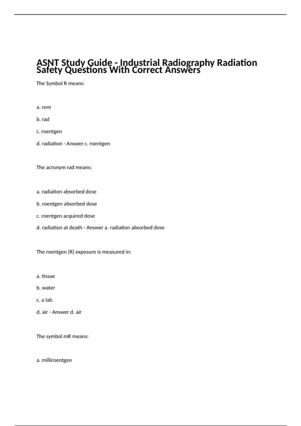 ASNT Study Guide Industrial Radiography Radiation Safety Questions