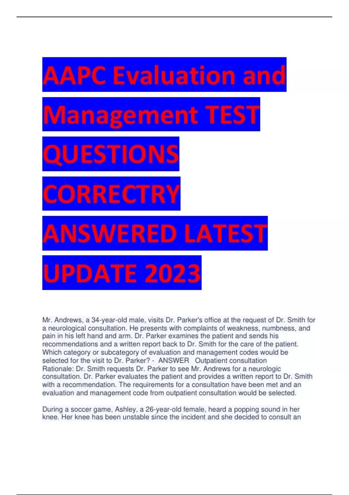 AAPC Evaluation and Management TEST QUESTIONS CORRECTRY ANSWERED LATEST ...