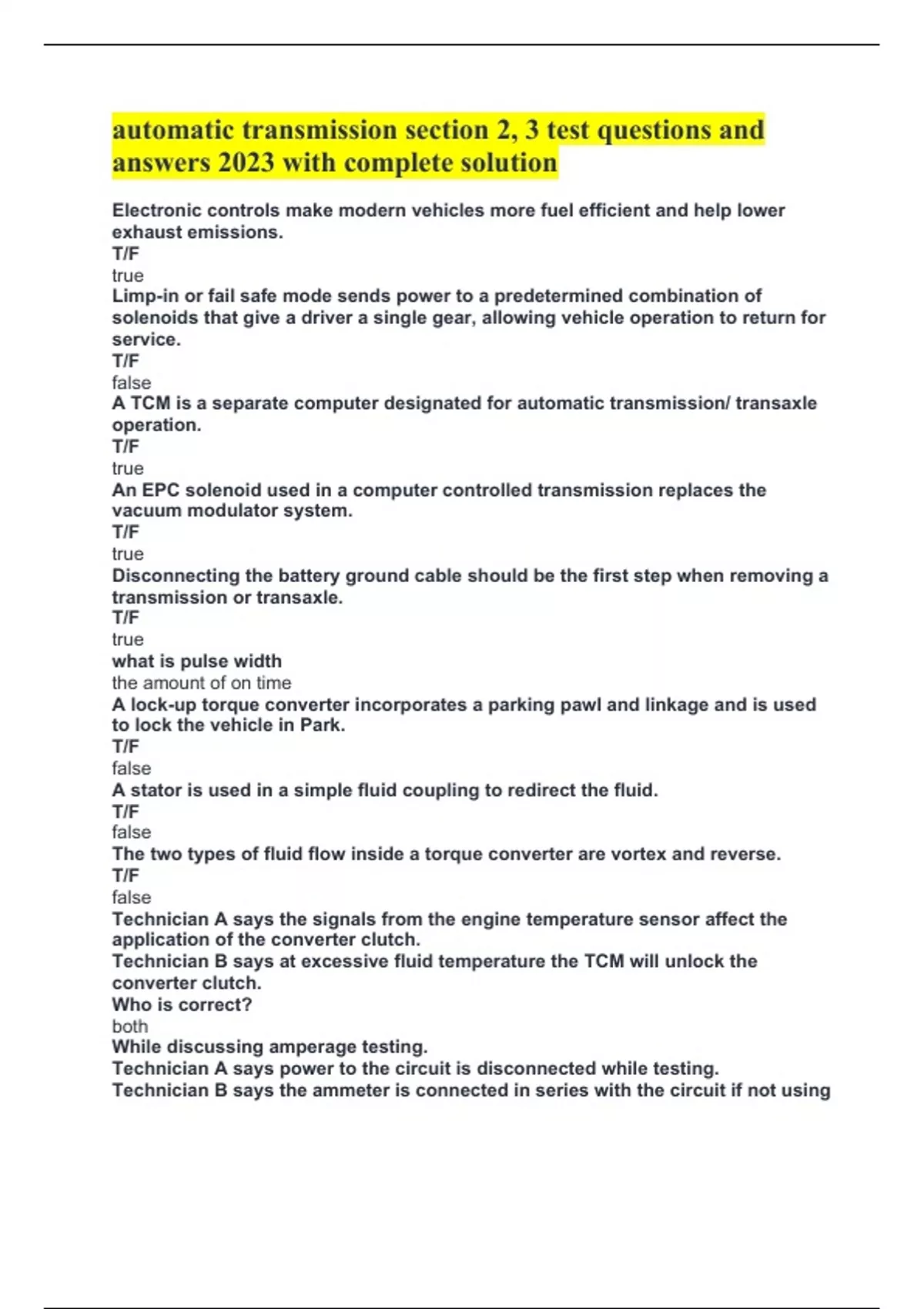 automatic transmission section 2, 3 test questions and answers 2023 ...