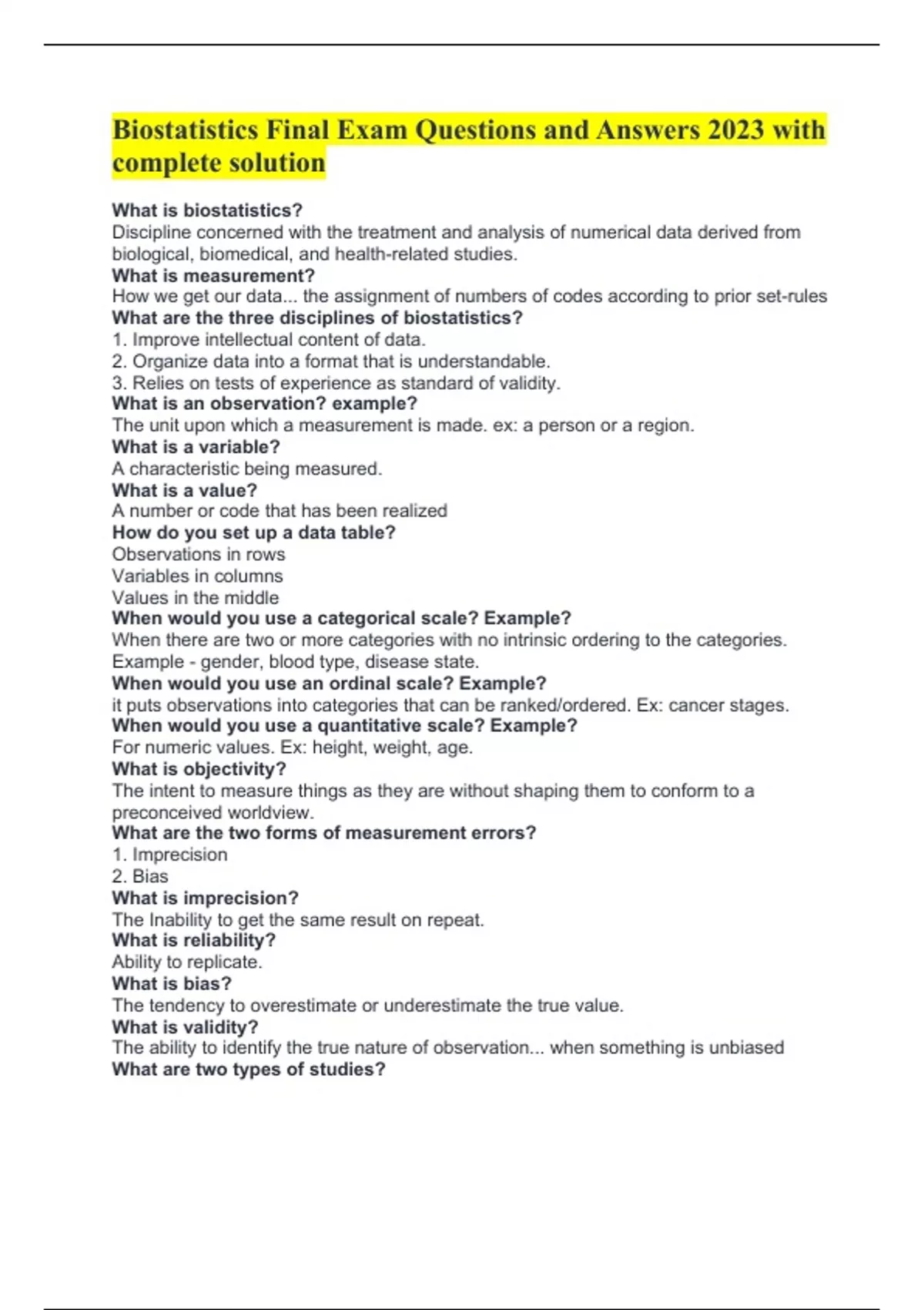 Biostatistics Final Exam Questions and Answers 2023 with complete solution Biostatistics