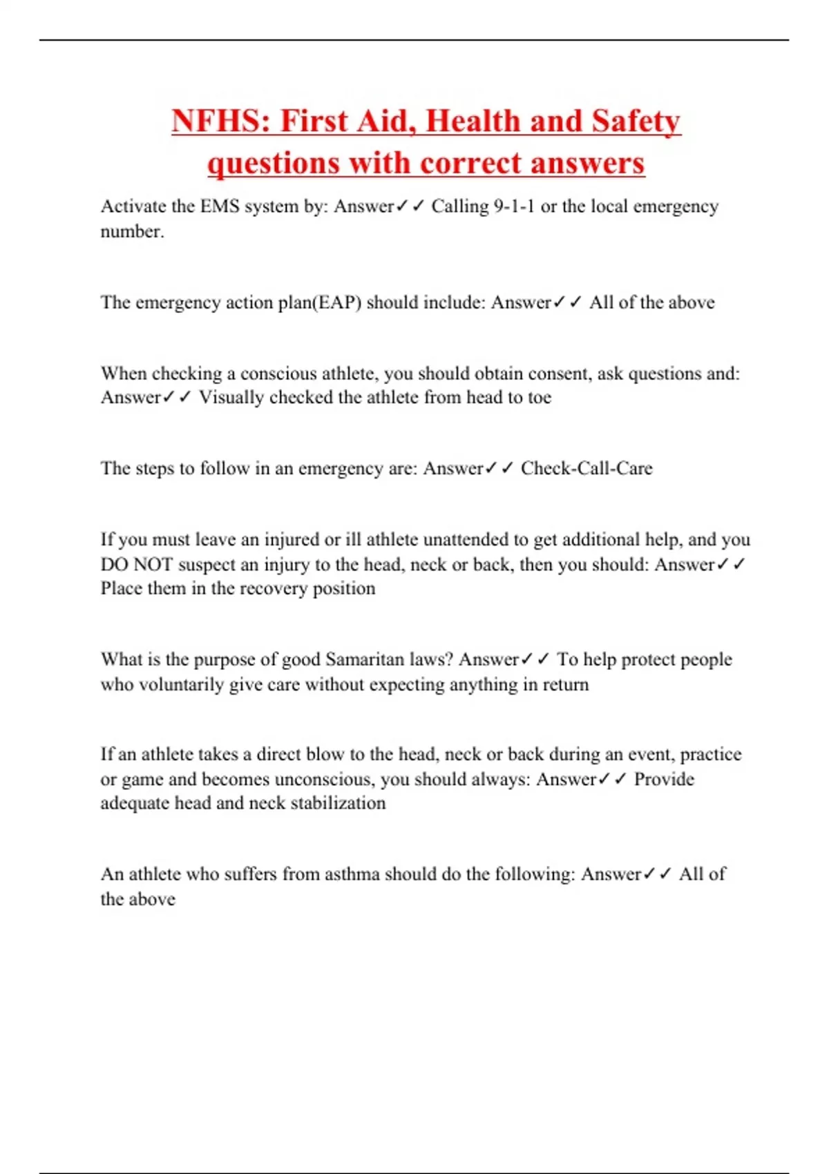 NFHS First Aid, Health and Safety questions with correct answers