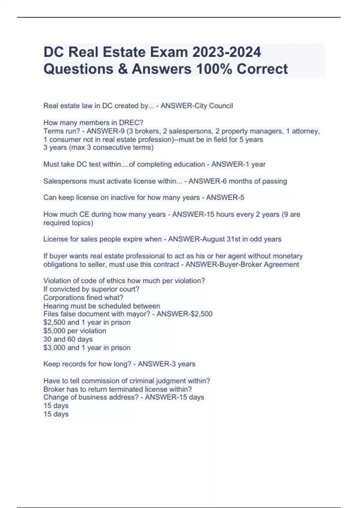 DC Real Estate Exam Questions & Answers 100 Correct DC Real Estate