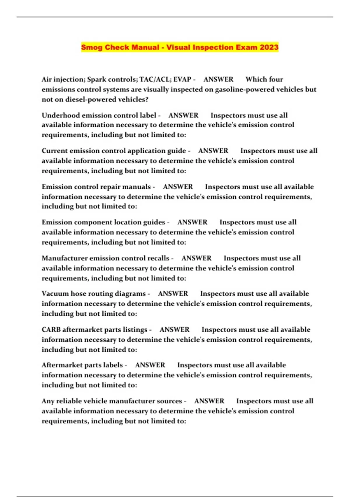 Smog Vehicle Inspection Report.pdf Smog Check Manual - Visual Inspection Exam 2023 - Smog Check Manual ...