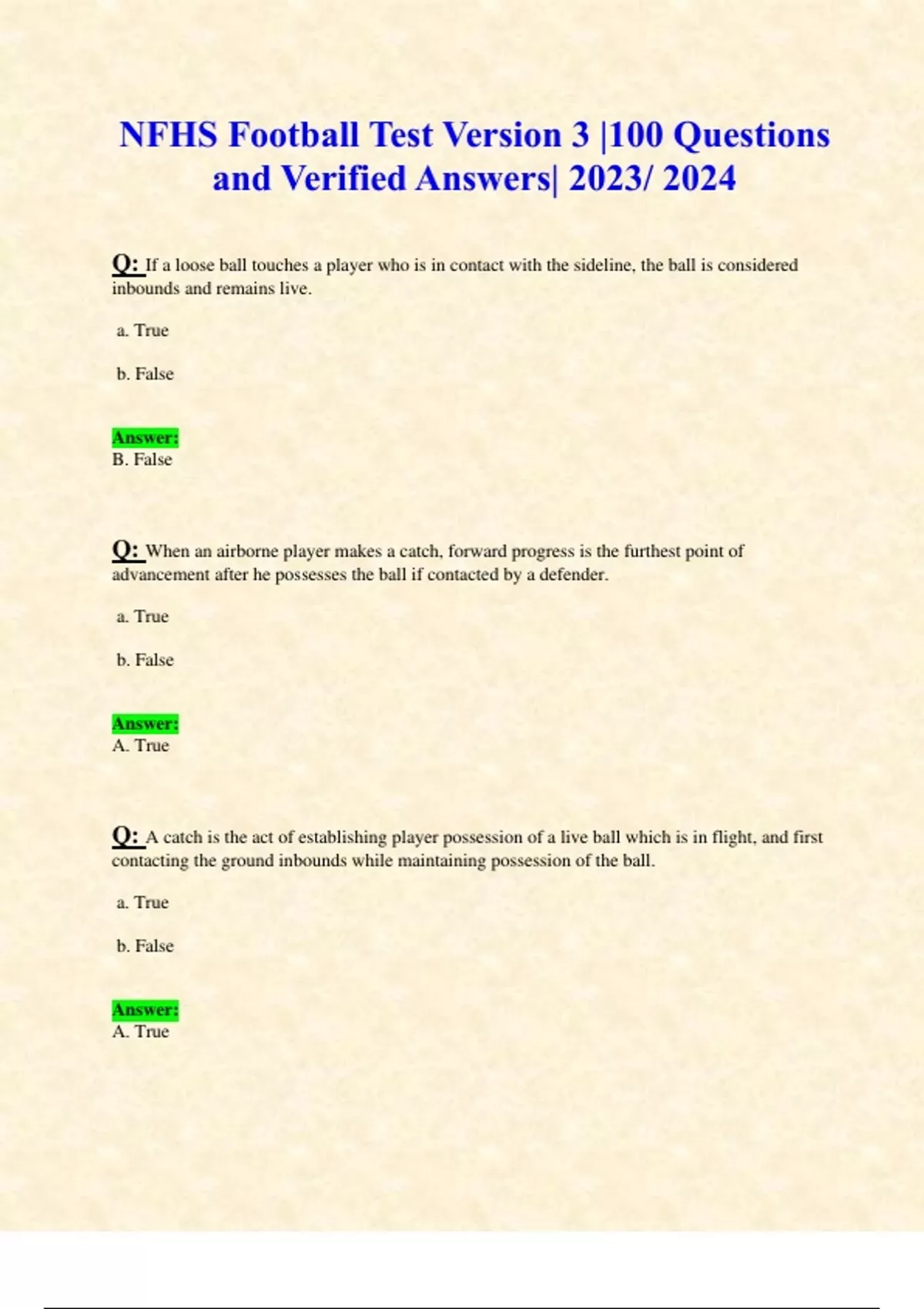 NFHS Football Test Version 3 100 Questions and Verified Answers 2023/