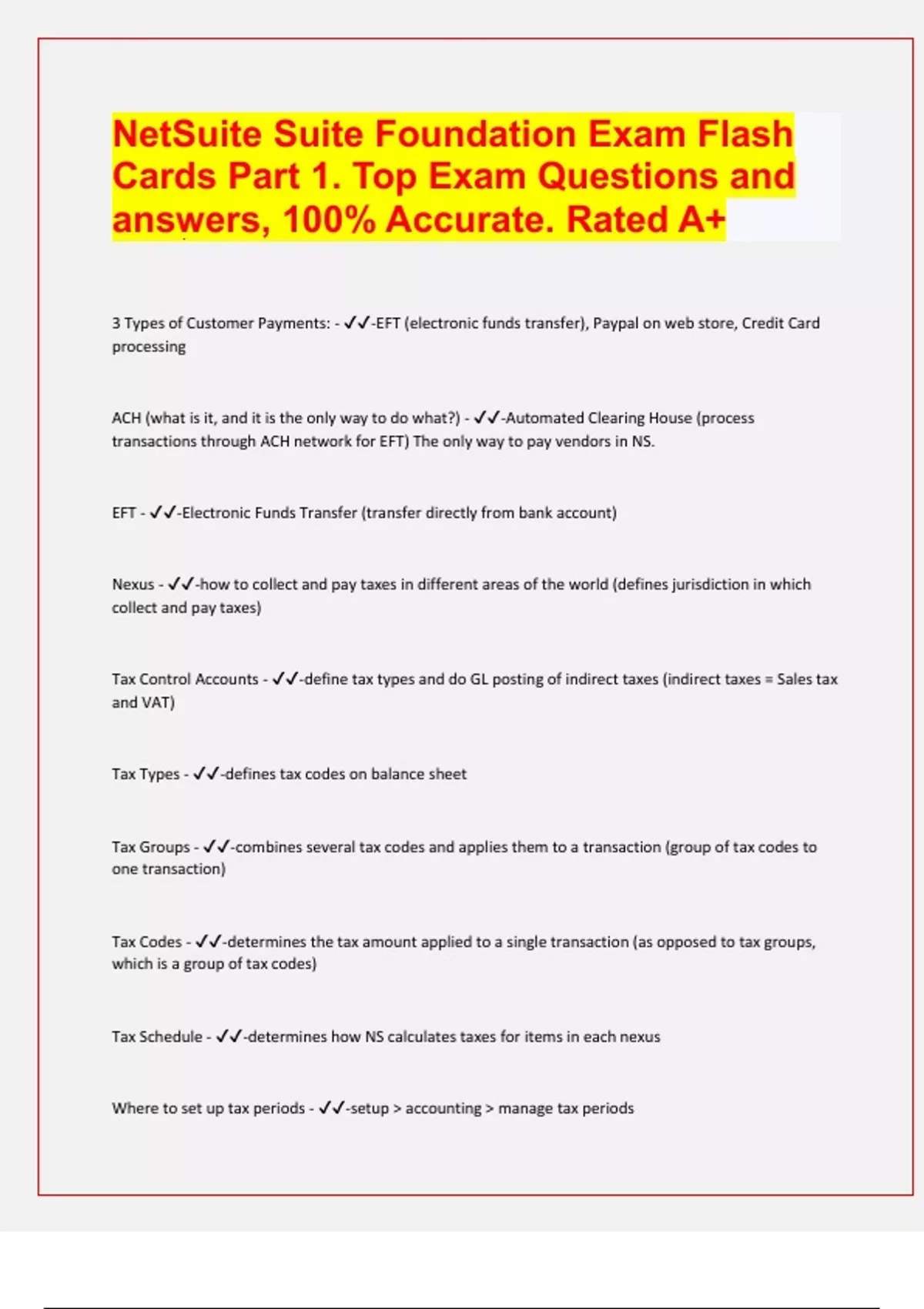 NetSuite Suite Foundation Exam Flash Cards Part 1. Top Exam Questions