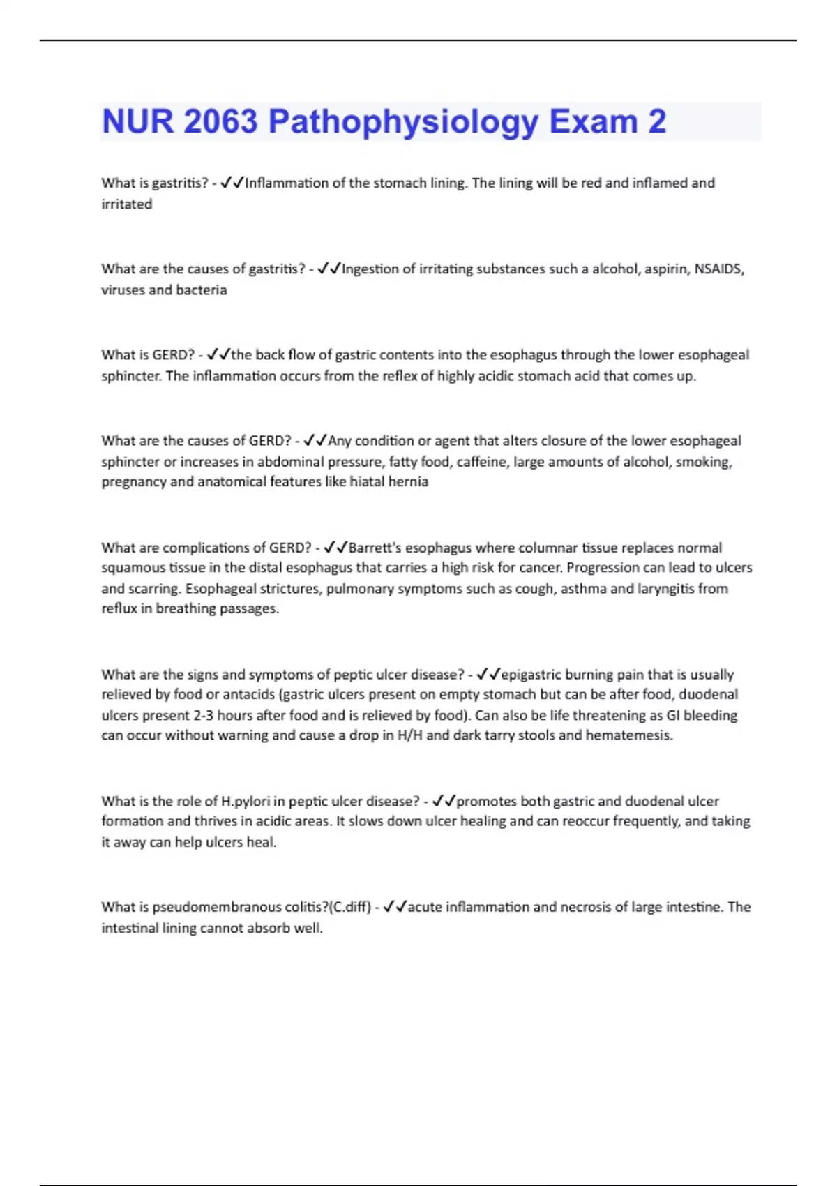 NUR 2063 Pathophysiology Exam 2 | 217 Questions and Answers(A+ Solution ...