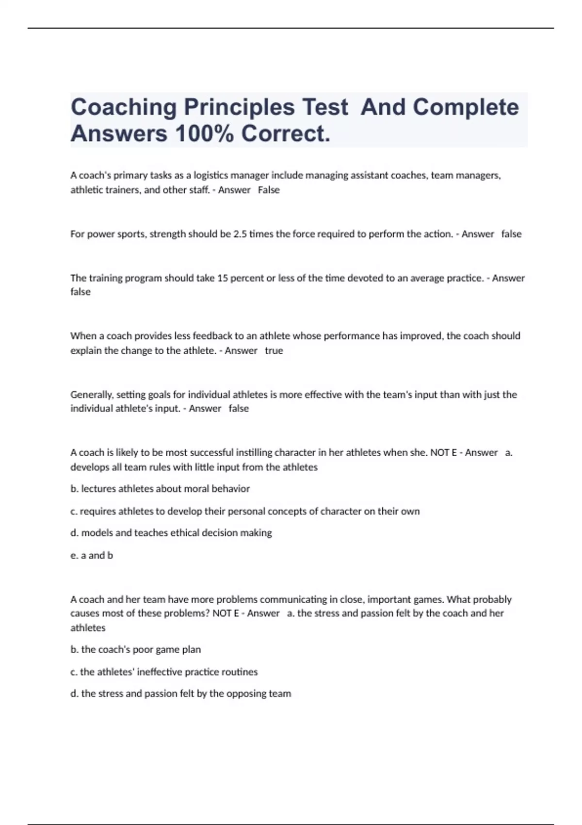Coaching Principles Test And Complete Answers 100 Correct. Asep