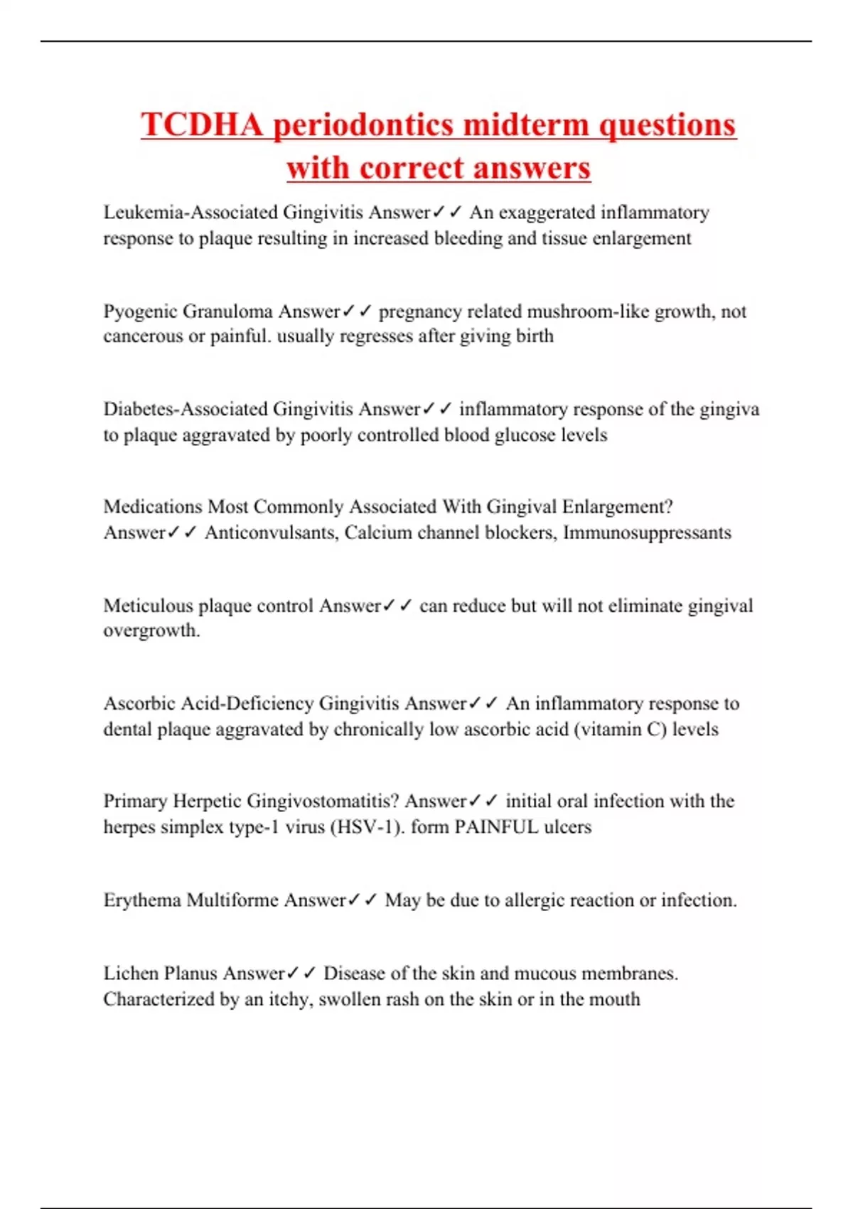 TCDHA periodontics midterm questions with correct answers TCDHA